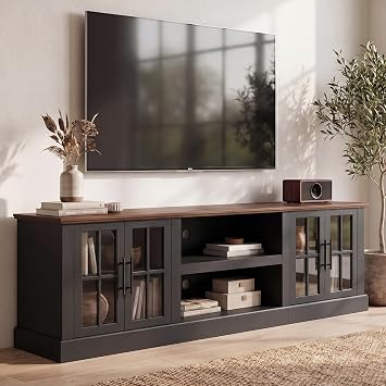90" Farmhouse TV Stand for TVs up to 100", Media Entertainment Center with Adjustable Shelves and Large Storage Cabinets, for Living Room, Black