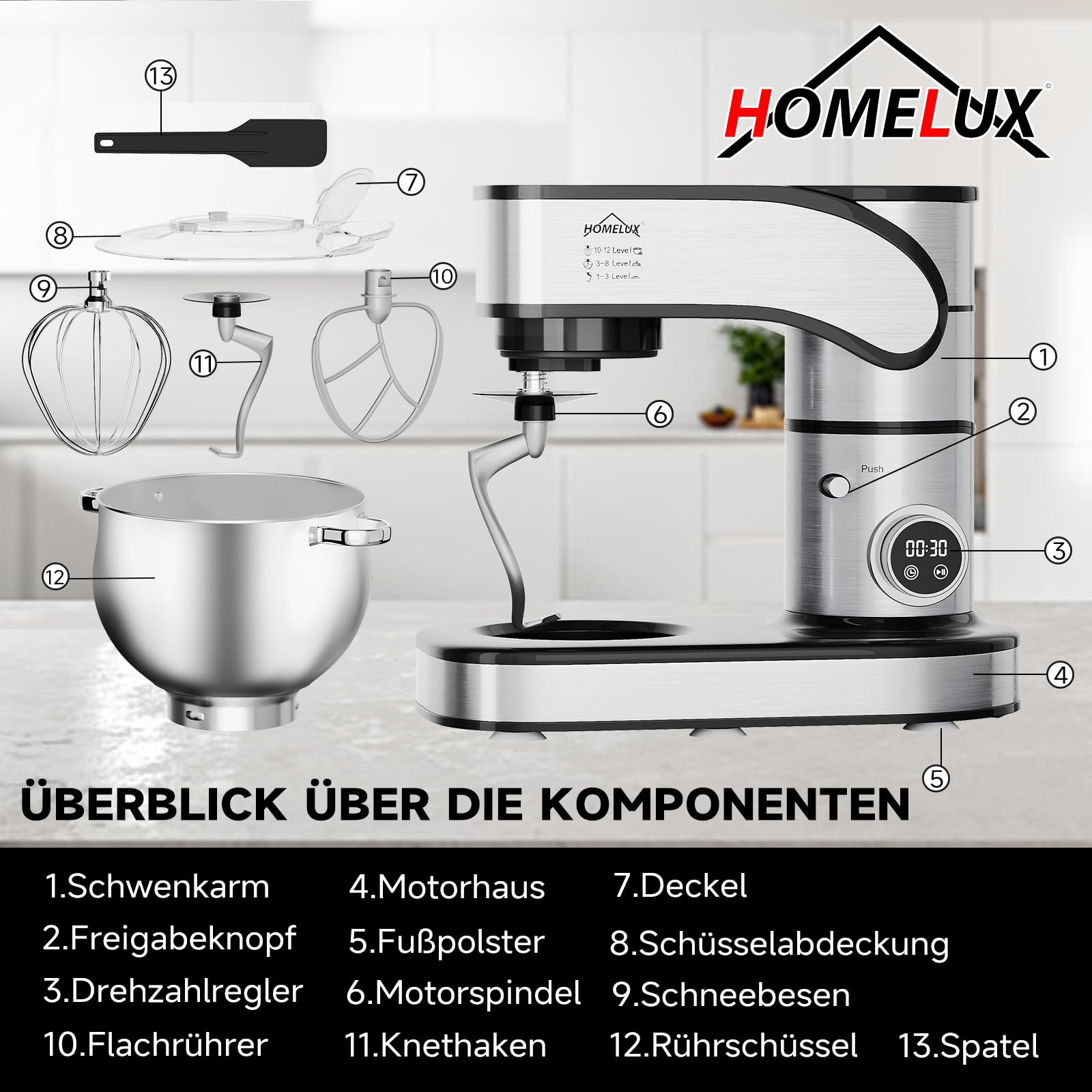HOMELUX Robot kuchenny 2500 W, maszyna do ugniatania z miską ze stali nierdzewnej o pojemności 12 litrów, 12 stopni prędkości, ekran dotykowy LED, trzepaczka, hak do zagniatania, trzepaczka, szpatułka