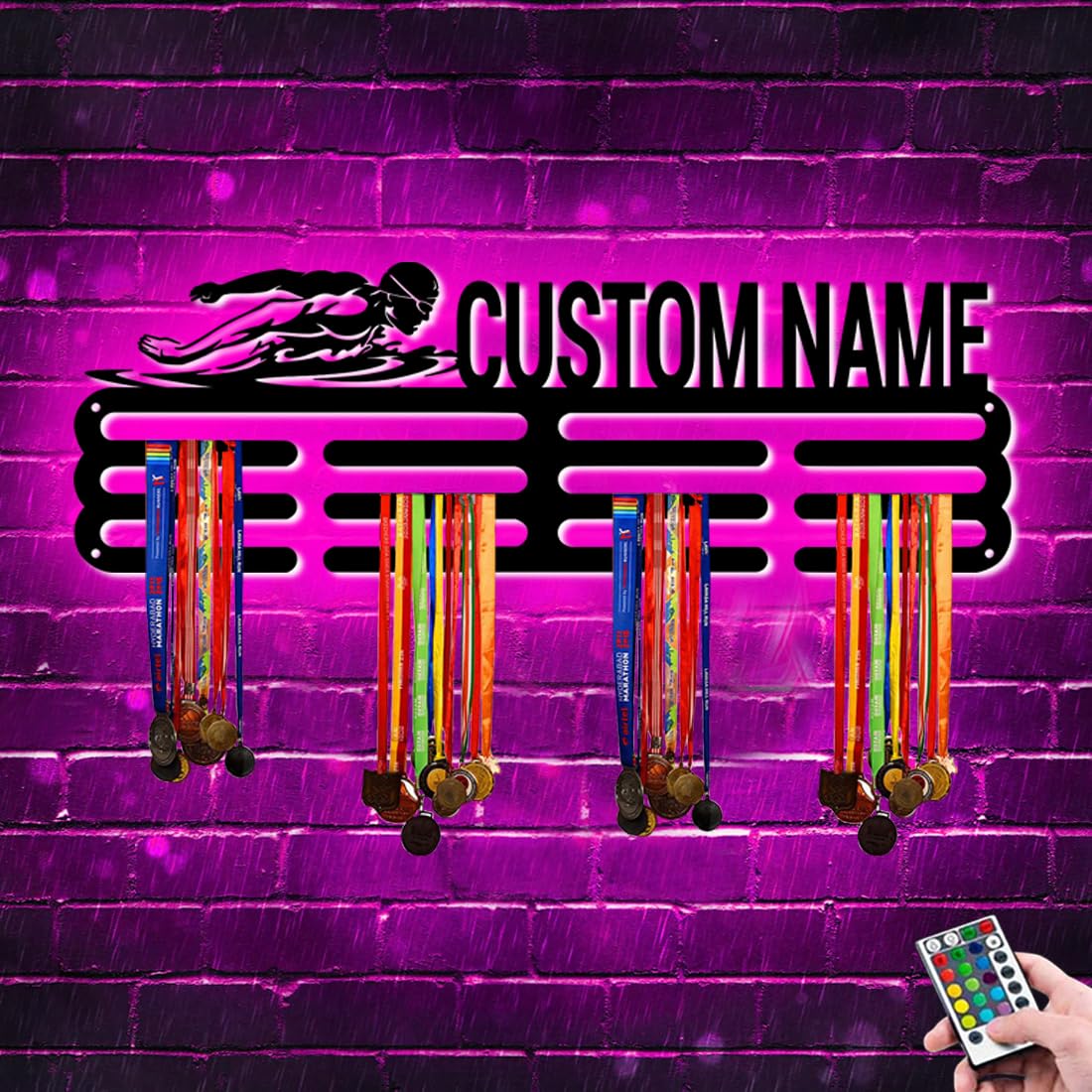 Nome personalizzato metallo Nuoto Medaglia Hanger Holder Display Rack per premi nastri con luce LED, supporto medaglia sport personalizzato per parete, medaglia Hanger Display Award Rack