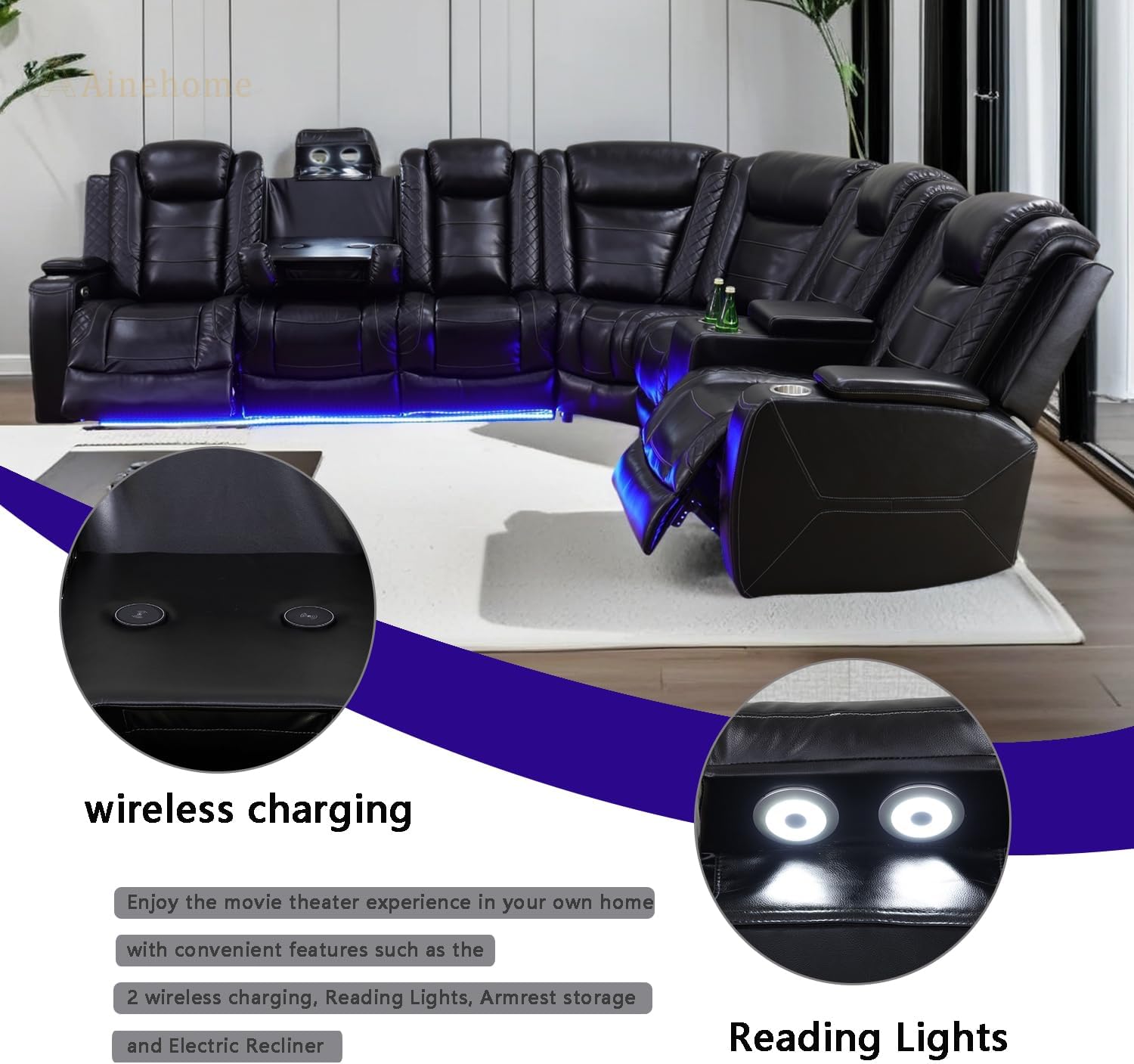 A Ainehome Black Modern Breathable Leather Reclining L-Shaped Sectional Sofa, Powered Recliner, USB & Wireless Charging, 7 Seater, Large