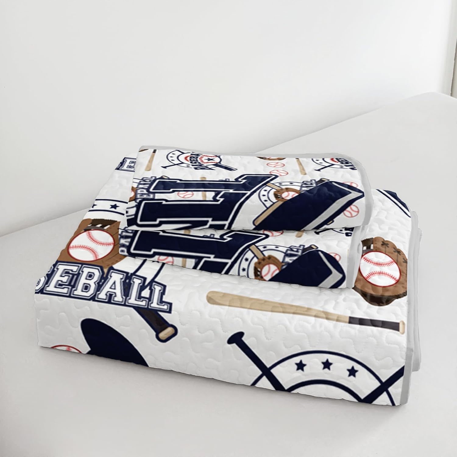 QOOMO Baseball Quilt Set Full/Queen Size,Sports Bedspread Coverlet Set,Sports Games 3Pcs Bedding Set Printed Quilt with 2 Pillowcases,Soft and Lightweight,for All Seasons