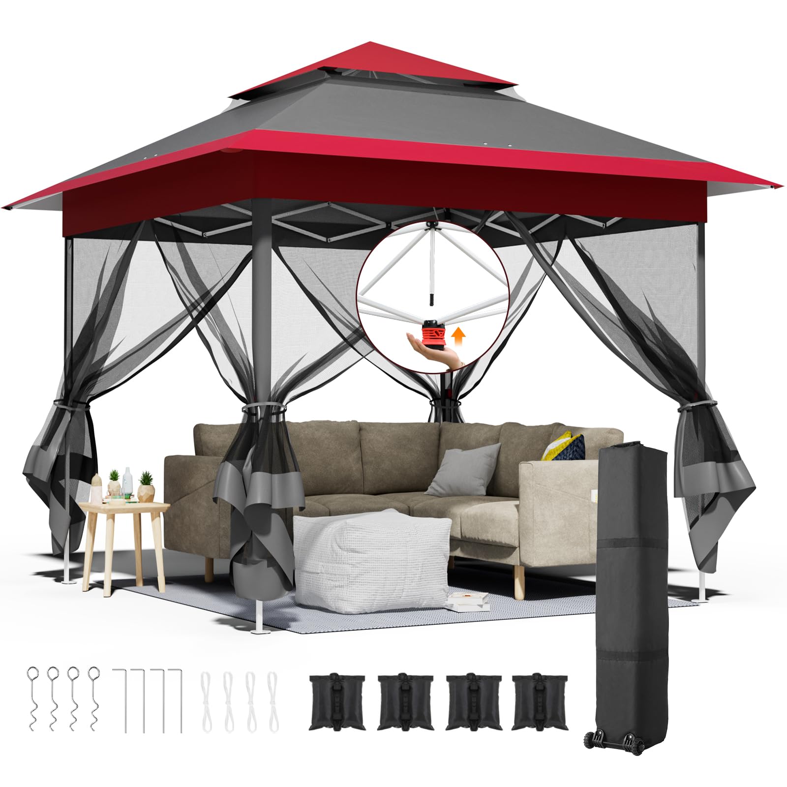 Gazebo pieghevole 3,3x3,3 m, con 4 pannelli laterali in zanzariera, One Push tenda con doppio tetto, Gazebo impermeabile da giardino 4 PCS sacchi di sabbia, per mercato/campeggio, Rosso Grigio