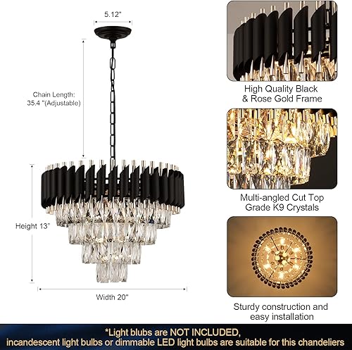 Miniatura 3 de AXILIXI - Lámpara de araña de cristal moderna de 20 pulgadas, lámpara colgante de techo de 4 niveles, lámpara colgante de color negro y dorado,