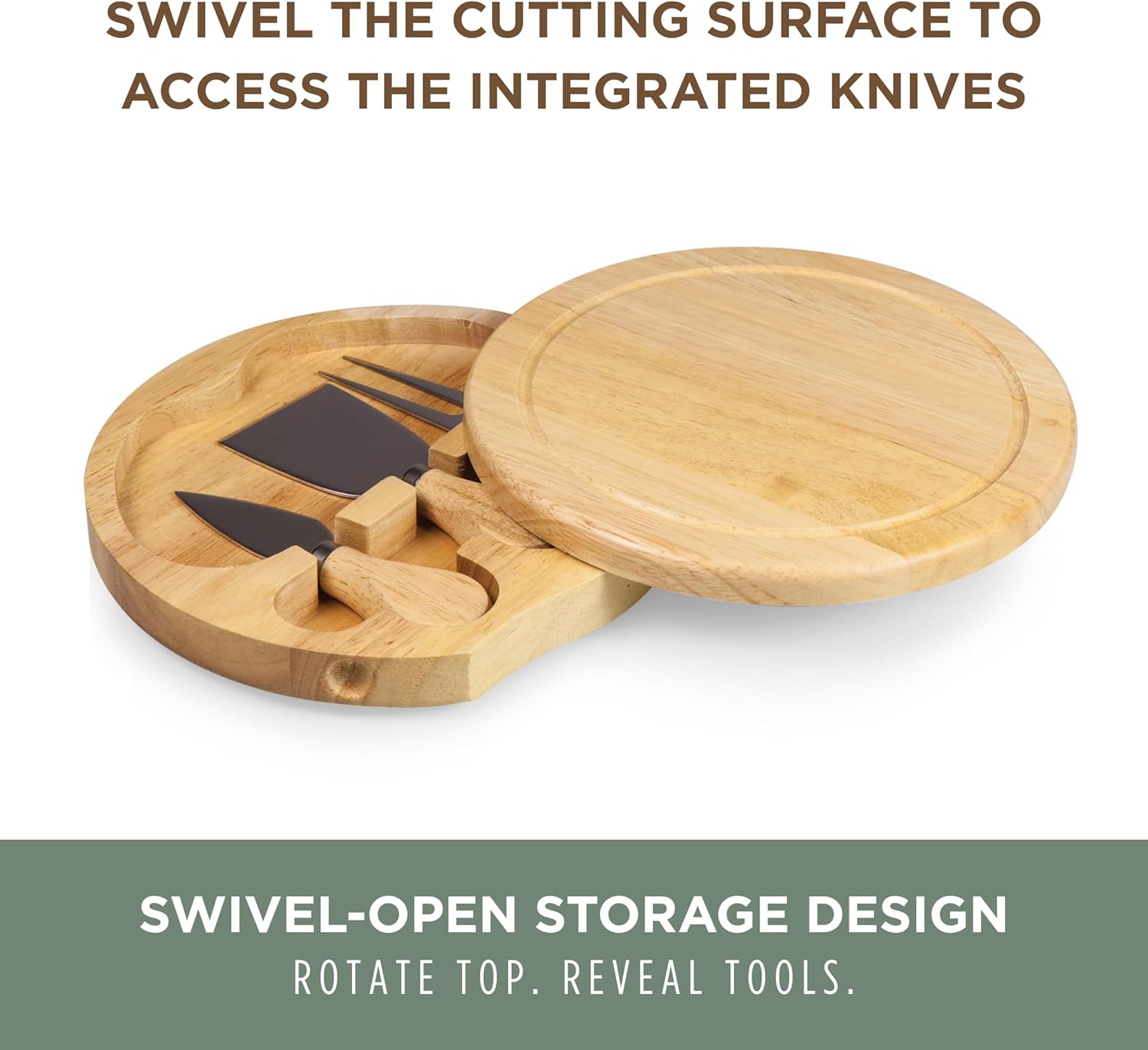 PICNIC TIME Brie Cheese Board and Knife Set, Novelty Charcuterie Board Set with Stainless Steel Tools and Juice Groove, Two-tiered, Swivel-Open Serving Platter, and Charcuterie Set, (Parawood) - Image 5