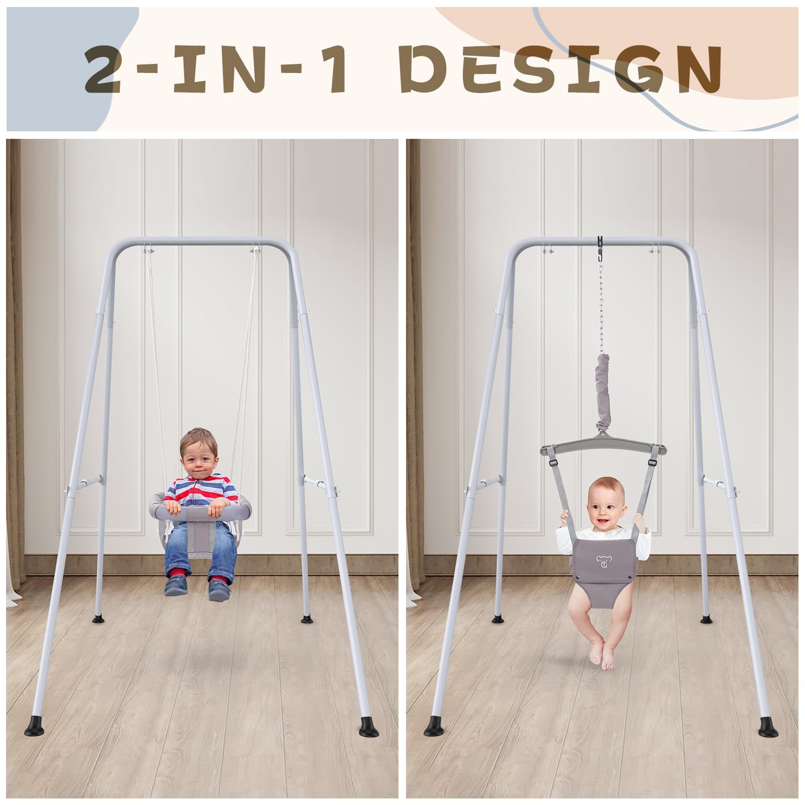 2 in 1 babytruitje met schommel, babyschommel voor binnen en buiten, babytruitje en springkussen, peuterschommel met opklapbare standaard