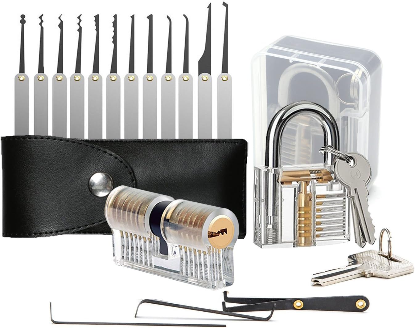 Geepro 15 Pieces Two Transparent Padlocks Training Exercise Lock Pick Set, Lock Set with Lock Picking Key, Extractor Tool for Beginner and Locksmiths