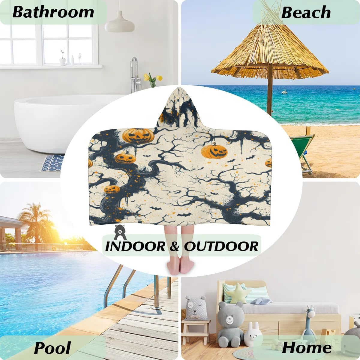 Pardick Kids Bath Towel Tree Branch Pumpkin Beach Towel with Hood Pool Cover Up for Girls Boys Soft Absorbent Hooded Bath Towel Toddler Towels for Beach, Pool