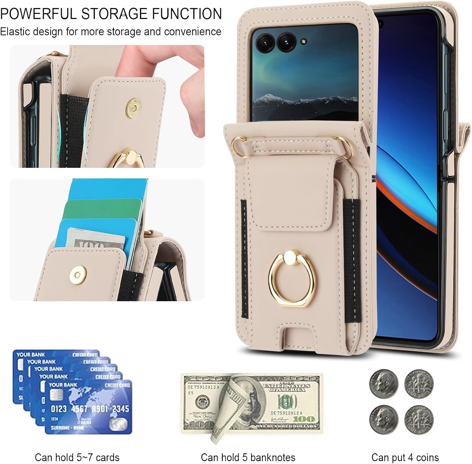 Asuwish Phone Case for Motorola Razr 2025/Moto Razr 60 Wallet Cover with Ring Crossbody Wrist Strap Lanyard Credit Card Holder Slot Cell Leather Purse Razr2025 5G 256GB Women Men Girls Beige