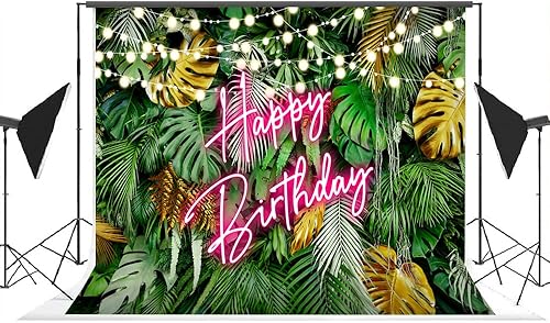 Miniatura 4 de Lofaris Telón de fondo hawaiano tropical Aloha con hojas de palmera feliz cumpleaños, color rosa, neón, hojas verdes selva, fondo para adultos y