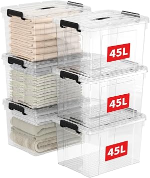 Cetomo 45L*6 Storage Boxes, Carry Plastic Storage Box with Lids, Clear Organizing Container with Handle and Secure Latches, Nestable & Stackable Tote Box for Home Office, 45L-6 Pack, Transparent