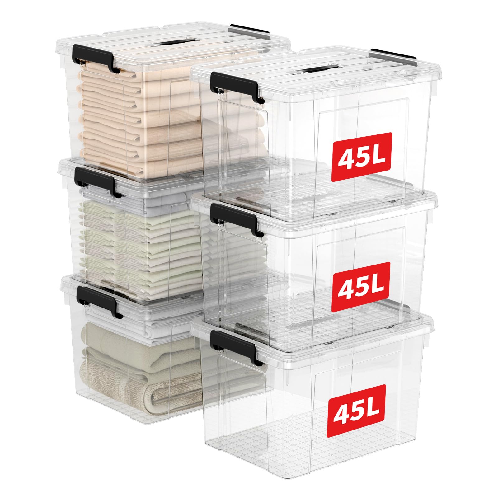 Cetomo 45L*6 Aufbewahrungsboxen, Tragbare Plastikboxen mit Deckeln, Organizer-Behälter mit Griff und Clips, Stapelbar, Ineinander Nestbar, für Zuhause und Büro, Transparent, 45L-6er Pack