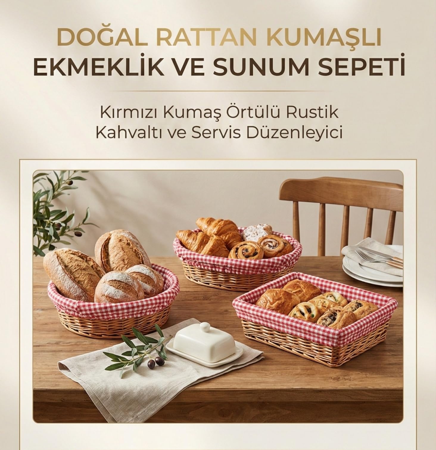 AmberHaus Doğal Rattan Kumaşlı Ekmeklik ve Sunum Sepeti - Kırmızı Kumaş Örtülü Rustik Kahvaltı ve Servis Düzenleyici (Yuvarlak)