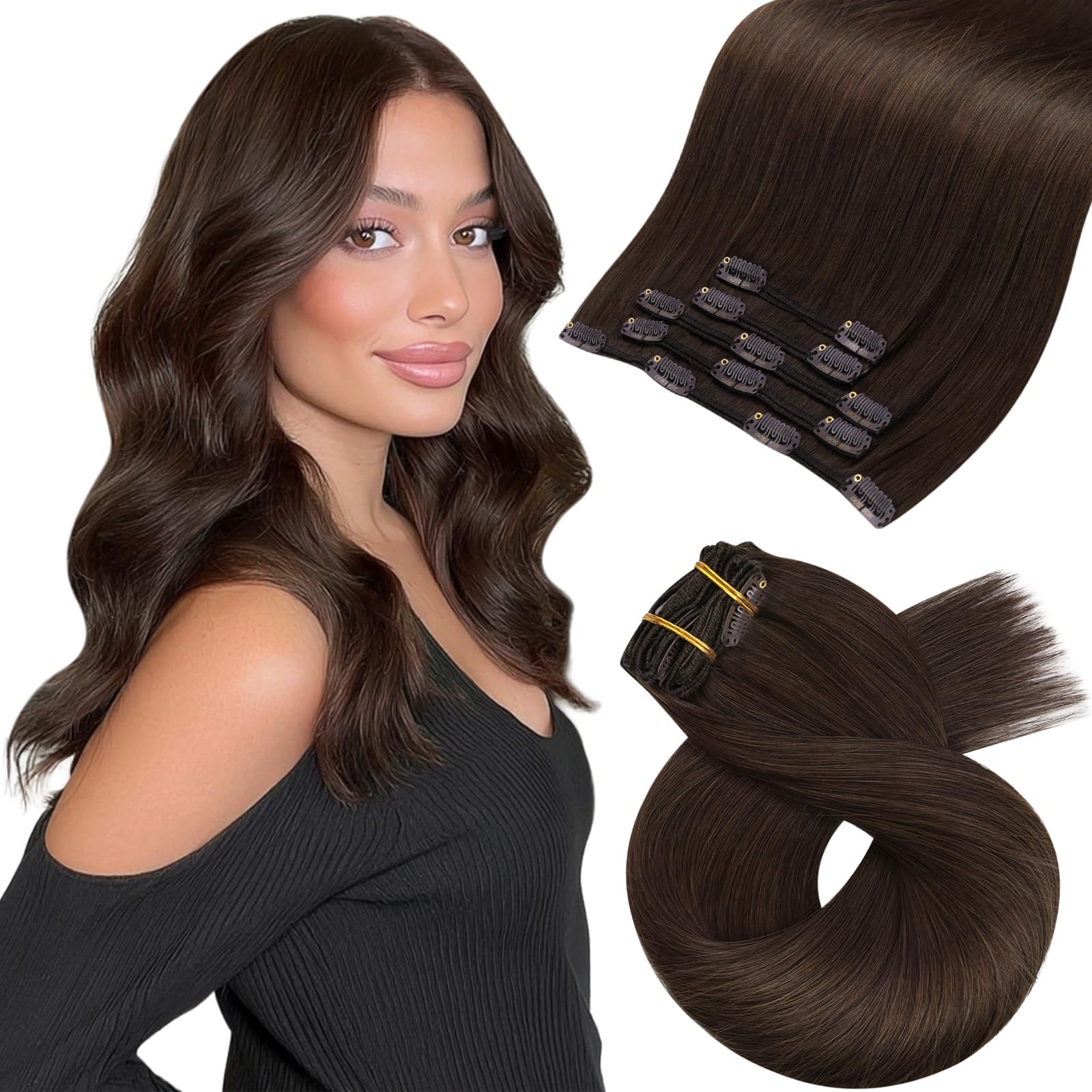 Moresoo Human Hair Extensions Clip in Real Hair Ash Blonde with Bleached Blonde Clip in Hair Extensions Remy Human Mid-length Hair Layered Add Volume 14 Inch 5pcs/80g #P18/613 — view 92
