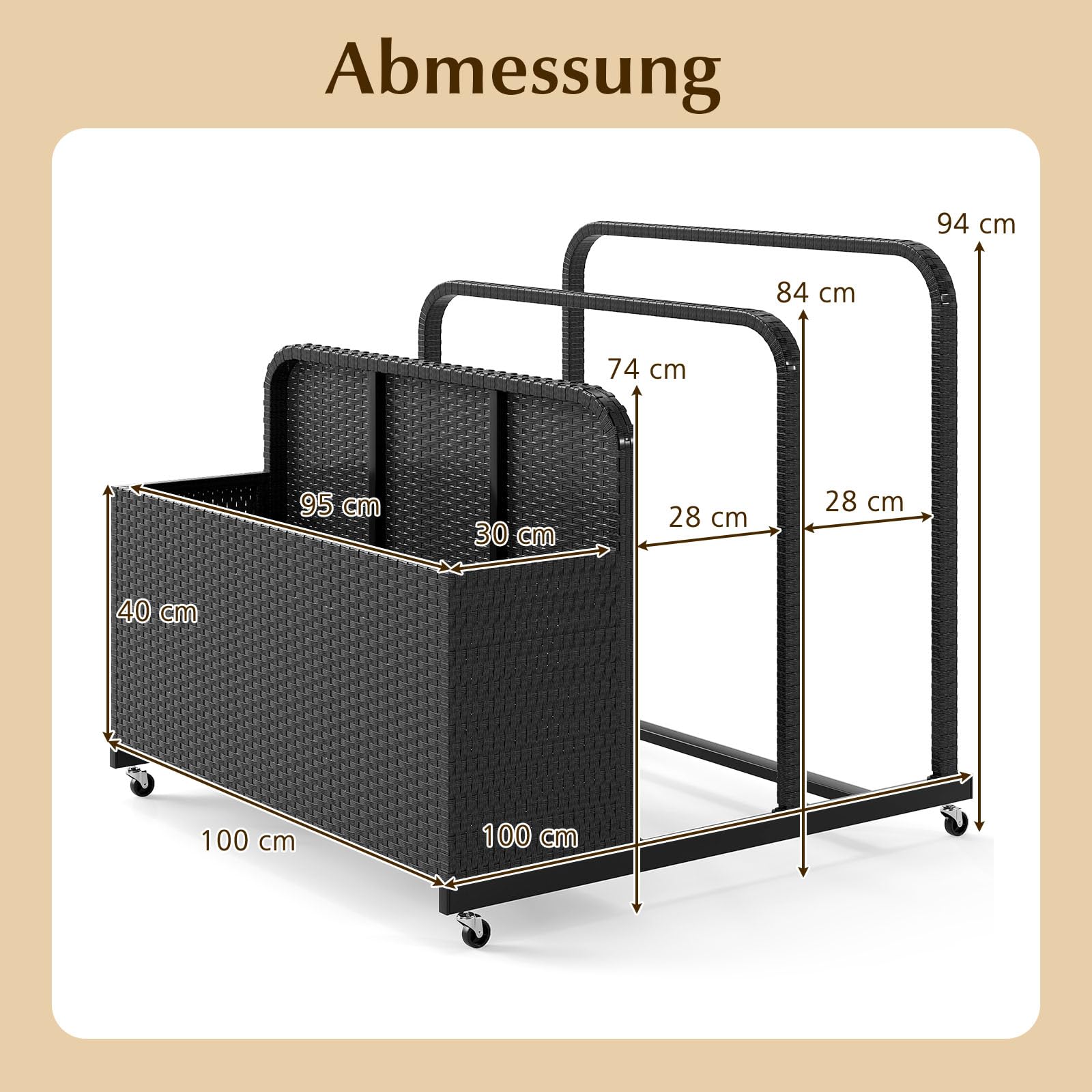 COSTWAY Pool Aufbewahrungskorb mit Rollen, PE Rattan Aufbewahrungsbehälter, Aufbewahrungsbox für Schwimmhilfen, Kissen, Rettungswesten, Strandbälle (Schwarz)