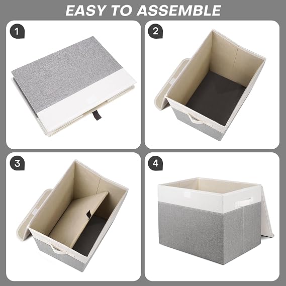 Bagnizer Large 17 42 Quarts Collapsible Stackable Storage Bins with Lids [3-Pack] Foldable Fabric Linen Storage Boxes Cube, Closet Organizer Baskets with Label (16.7 x 12 x 12, Gray & White)