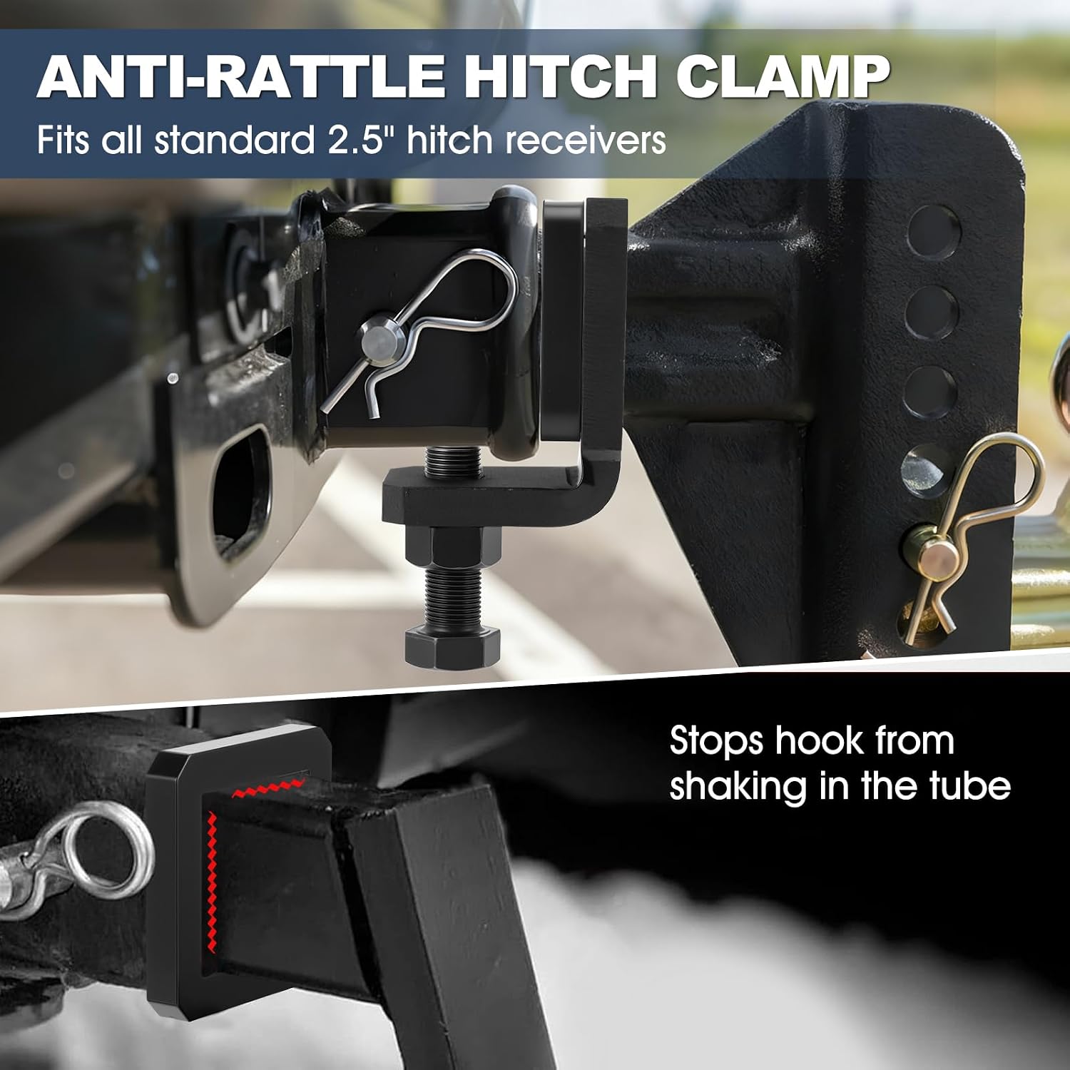 Anti Rattle Hitch Clamp 2 Inch & 2.5 Inch Heavy Duty Steel Hitch Tightener Stabilizer with 2 Rubber Silencer Pads, Trailer Hitch Stabilizer & Receiver Accessories, Matte Black
