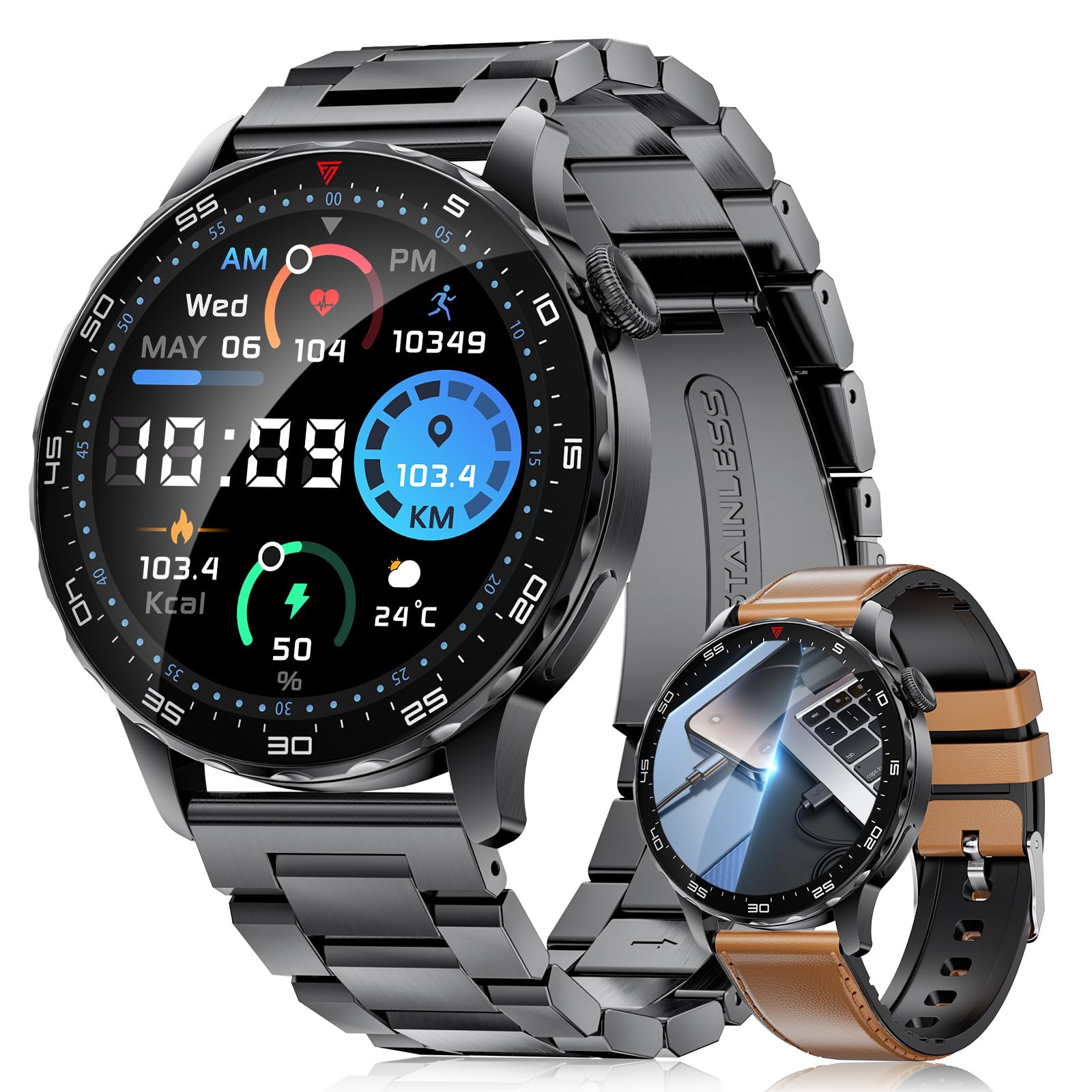 LIGE Reloj Inteligente Hombre con Llamadas Bluetooth, 1.43" AMOLED Negocios Smartwatch con 750mAh Batería,Pulsómetro,SpO2 Monitor Sueño,123 Modos Deporte,IP68 para Android iOS (SML21-H)