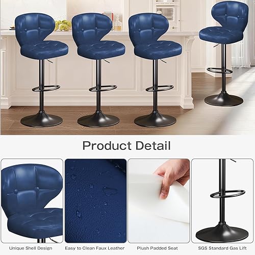 Miniatura 4 de Taburetes de bar modernos, juego de 2 taburetes de cocina giratorios de altura ajustable, asiento acolchado con respaldo, marco de metal, base