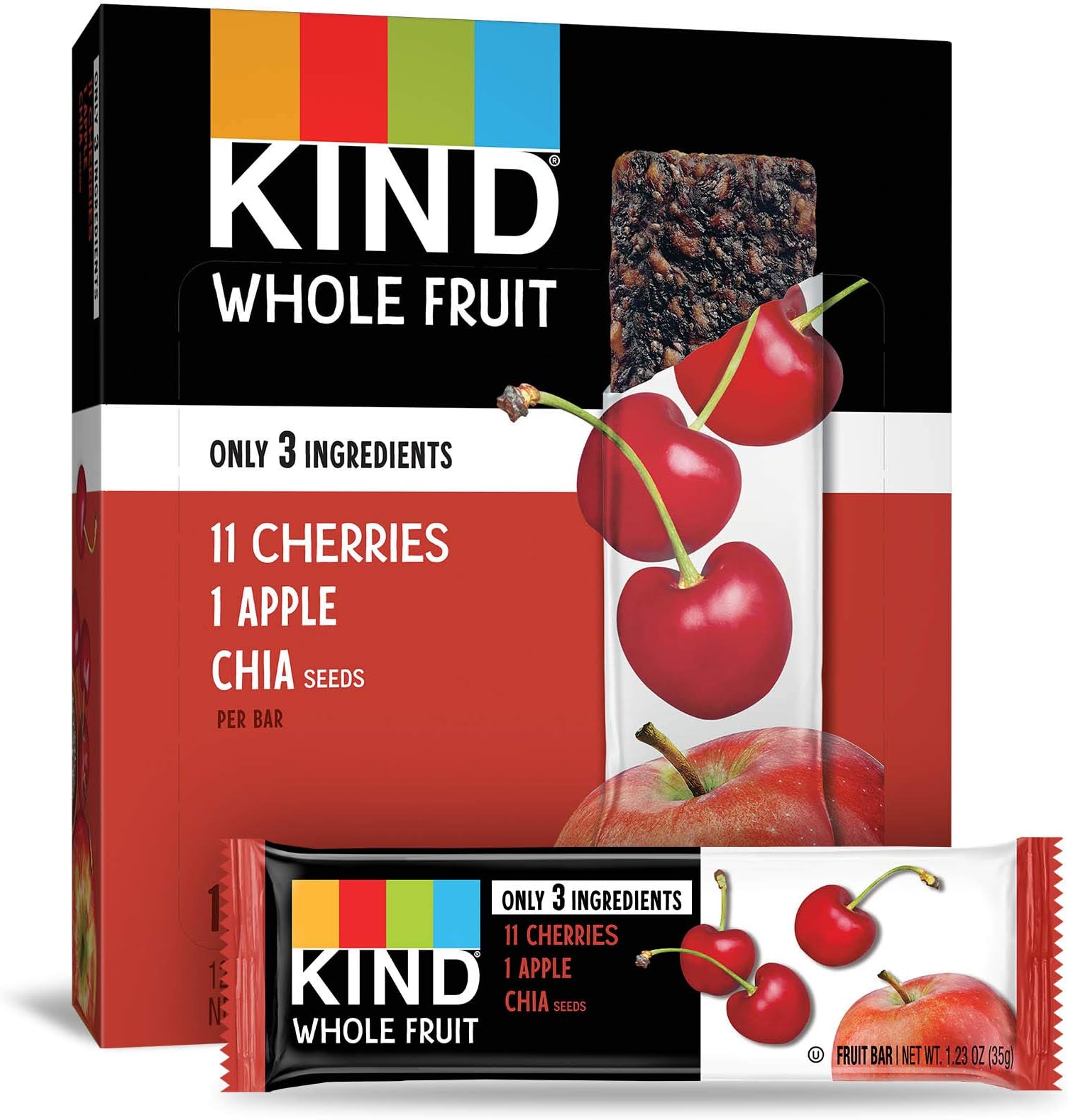 KIND Whole Fruit Bars, Cherry Apple Chia, Gluten Free, No Sugar Added, 1.2oz, 12 Count