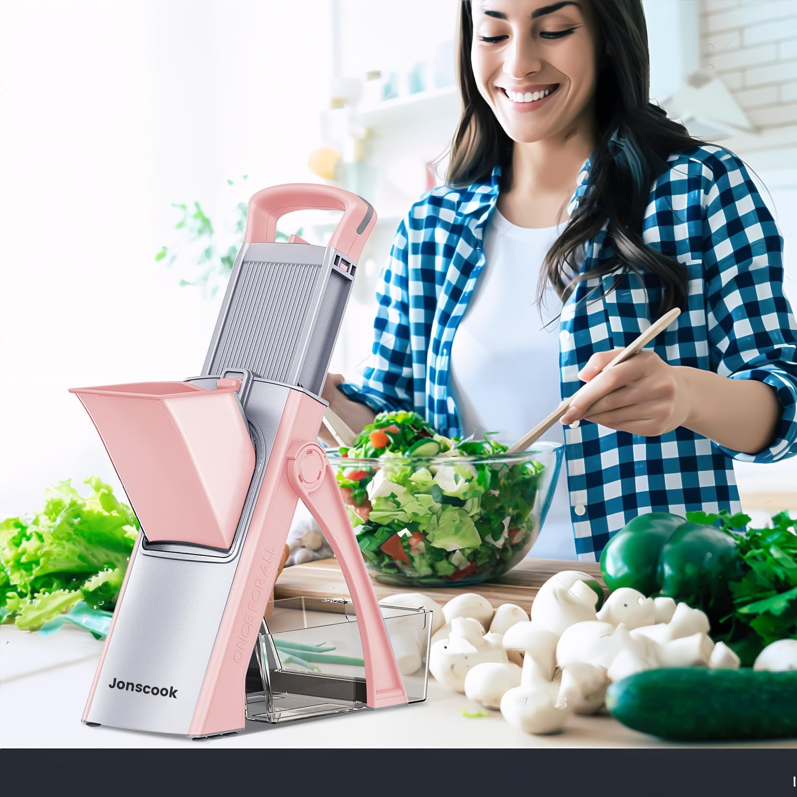 Mandolina Jonscook Todo en 1, Actualizada y Segura, para Cocina, Picadora, Cortadora de Verduras con Tazón Grande, Grosor Ajustable, Mandoline Plus (Black Knight) (Rosa)
