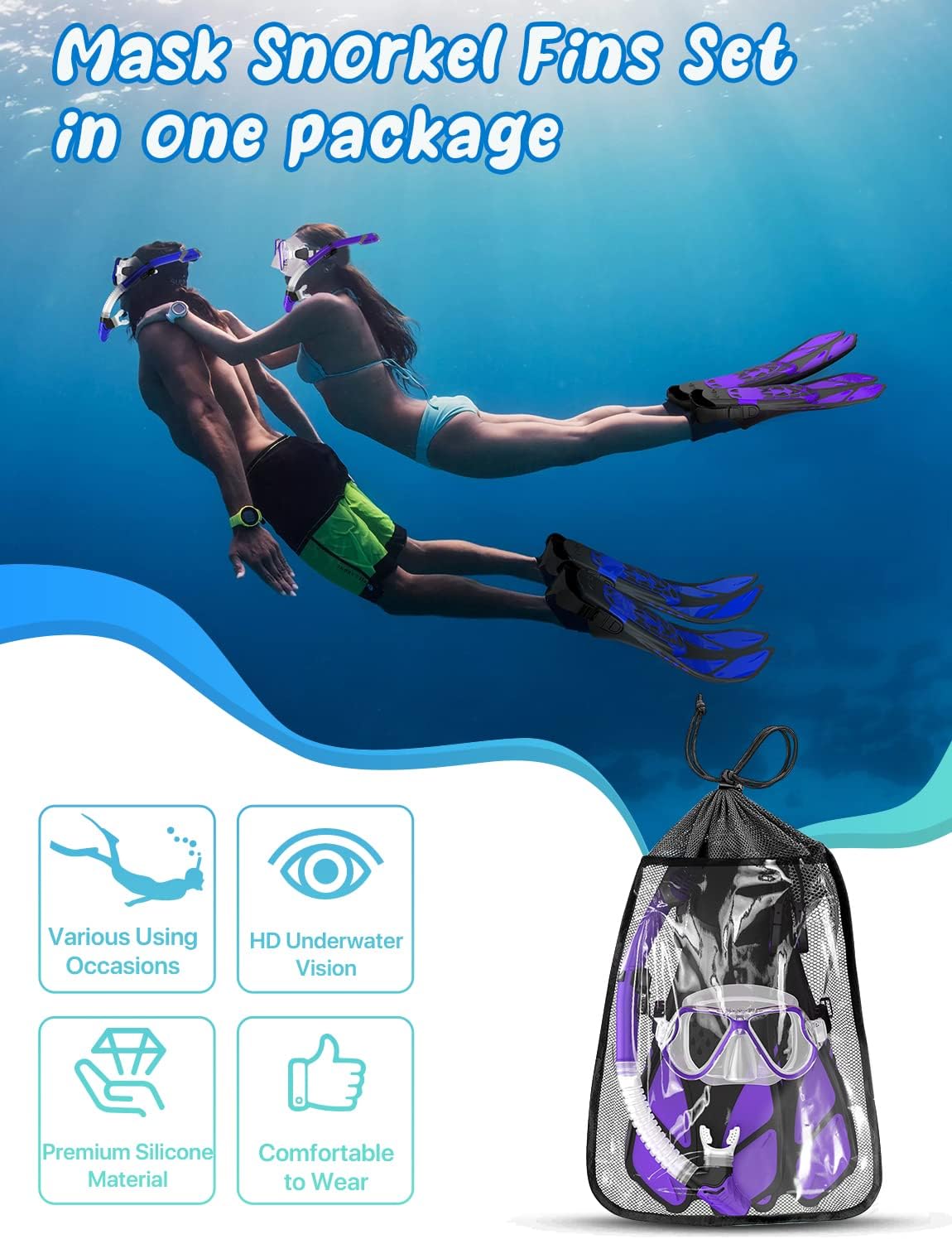 Zenoplige Mask Fins Snorkel Set, Snorkeling Gear for Adults, Panoramic View Snorkel Mask Anti-Fog, Adjustable Dive Flippers, Dry Top Snorkel and Travel Bag, Scuba Gear for Swimming Snorkeling Diving - Image 6