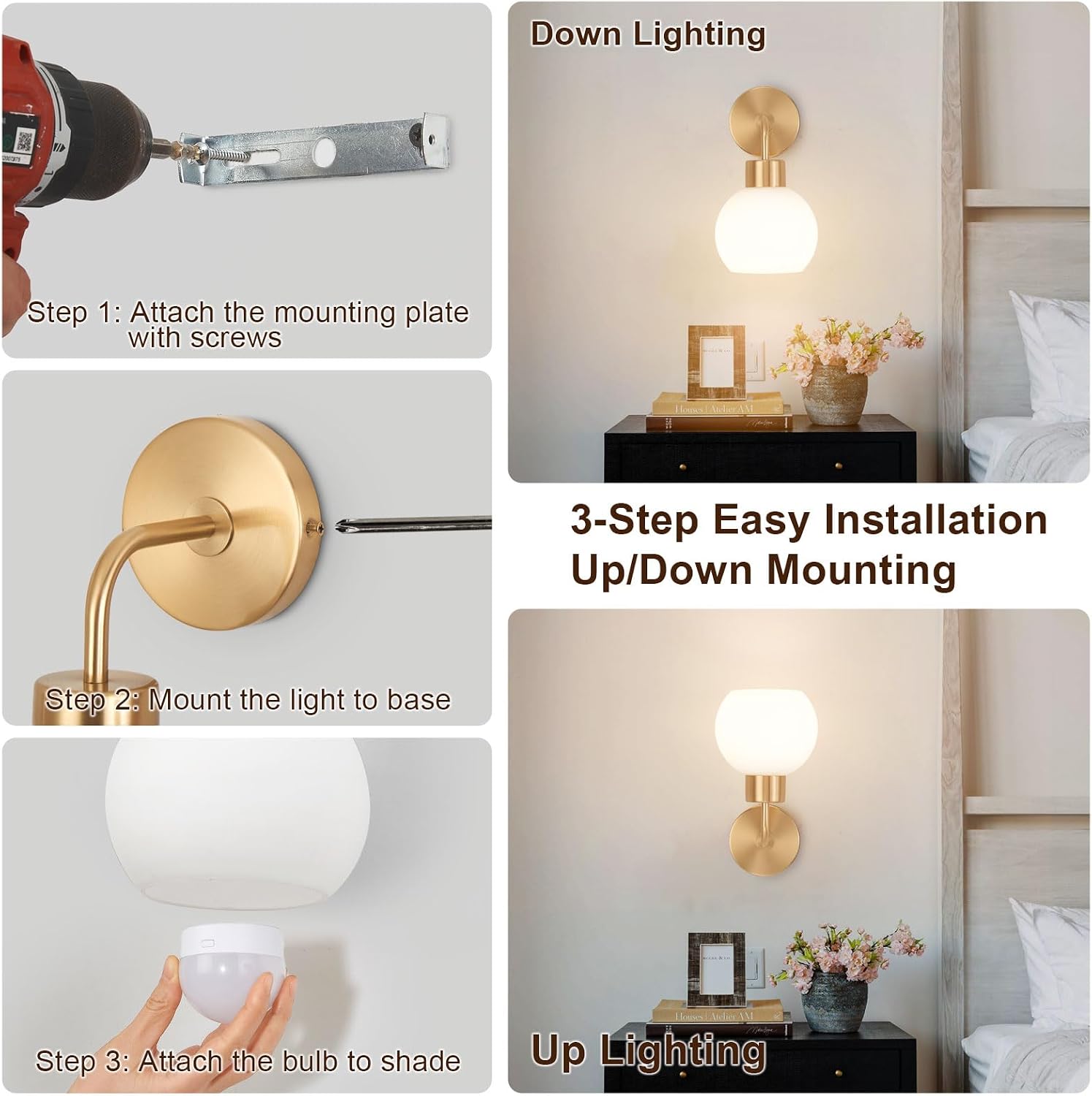 Battery Operated Wall Sconce Set of 2, Gold Wireless Wall Light with Milk White Glass Shade, 3CCT & RGB Rechargeable Magnetic LED Bulb with Remote Control for Bedroom Living Room Hallway Stairway