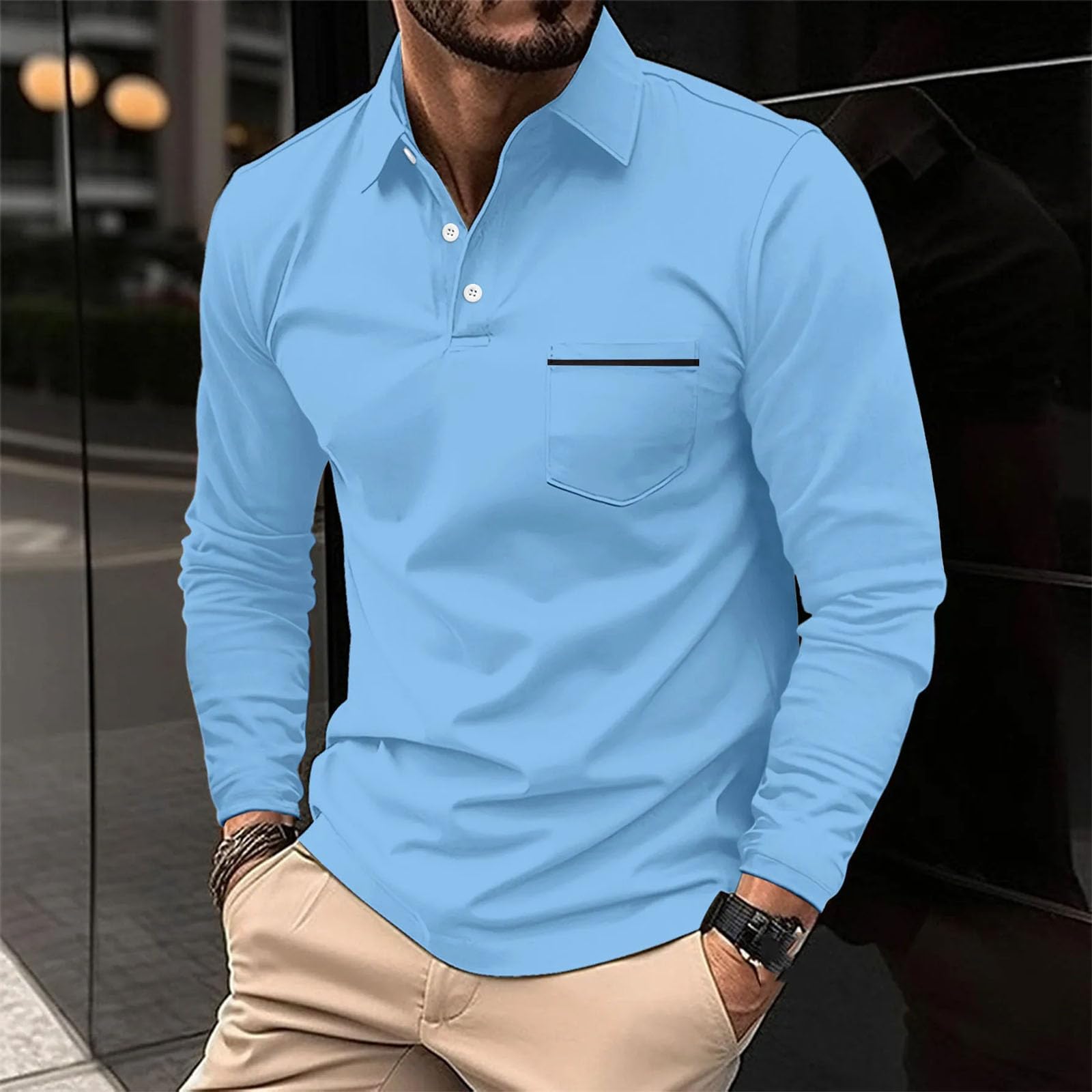 Polo da uomo a maniche lunghe, con tasca a bottone, manica lunga, traspirante, sportiva