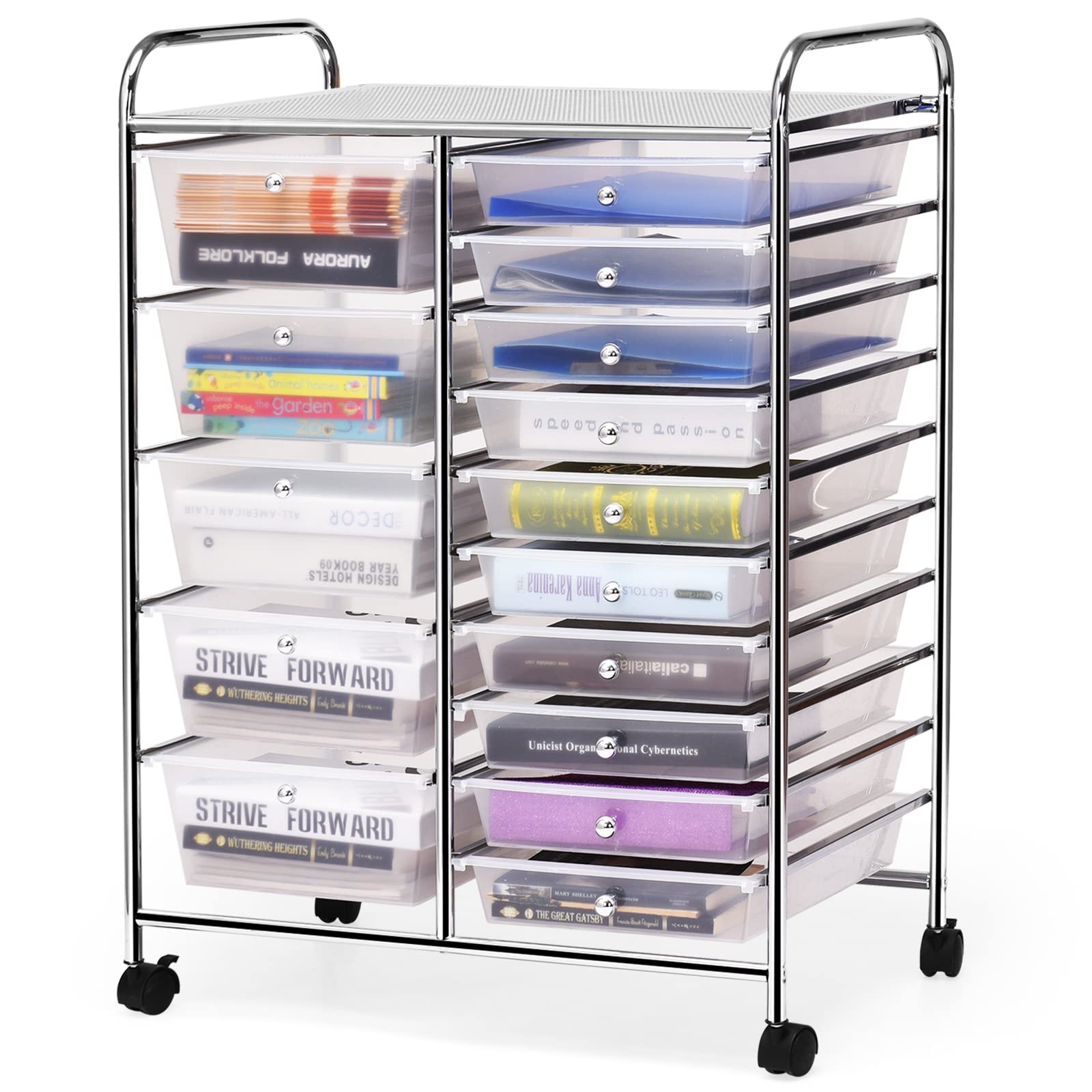 GYMAX Carrello Portaoggetti con 15 Cassetti Staccabilea, Carrellino Salvaspazio con Ruote, per Uffici, Parrucchieri, Studio, Soggiorno, 62,5 x 37 x 87 cm (TRASPARENTE)