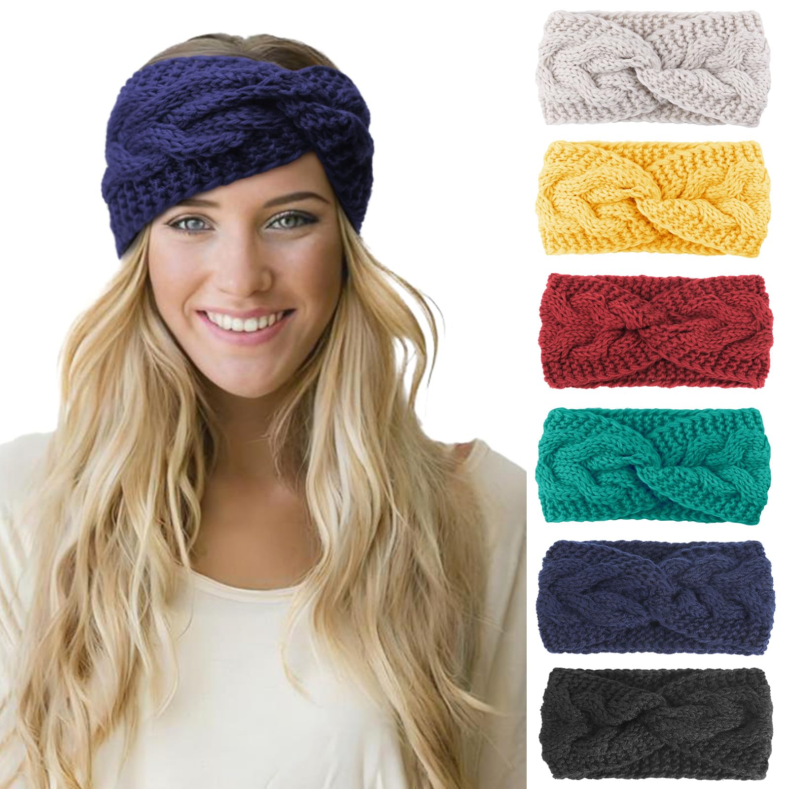Dreshow Women's 6 Pack Crochet Knitted 23G-21 6 Pieces Warm Knitted Headband Winter Ear Warmer Crochet Head Wraps Thick Cable Headband