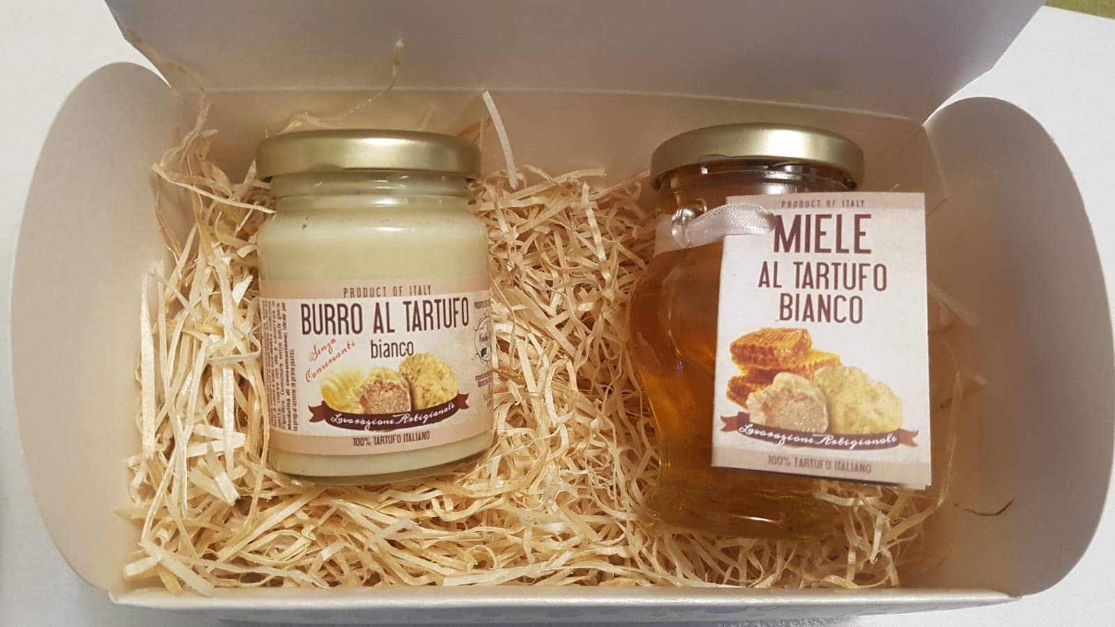 Confezione regalo con 2 prodotti al tartufo bianco e al tartufo nero estivo - idea regalo di Natale (Burro e Miele al tartufo bianco)