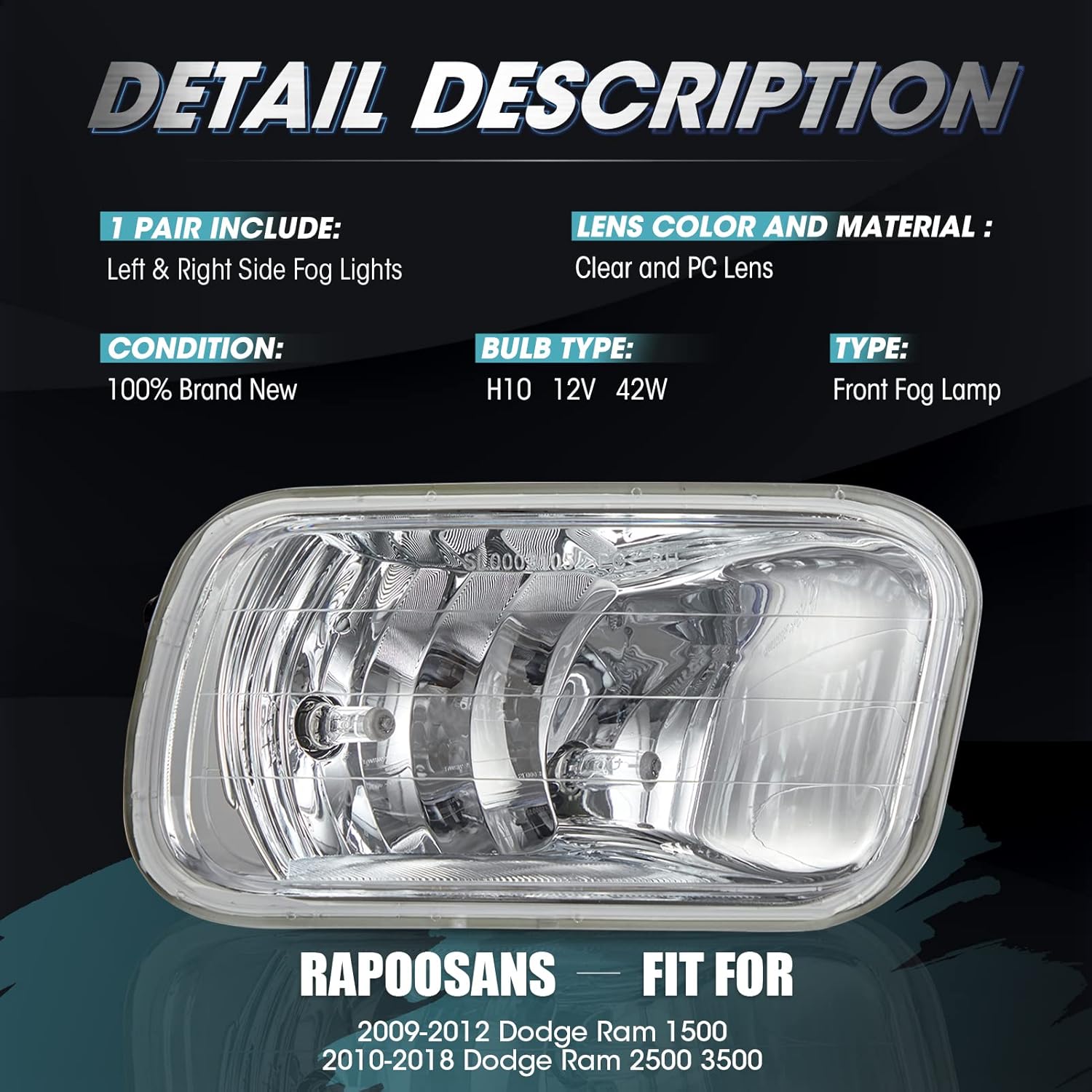 Driving Fog Lights Lamps Assembly for 2009-2012 Dodge Ram 1500, 2010-2018 Dodge Ram 2500 3500 Fog Light Replacement with H10 12V 42W Bulbs