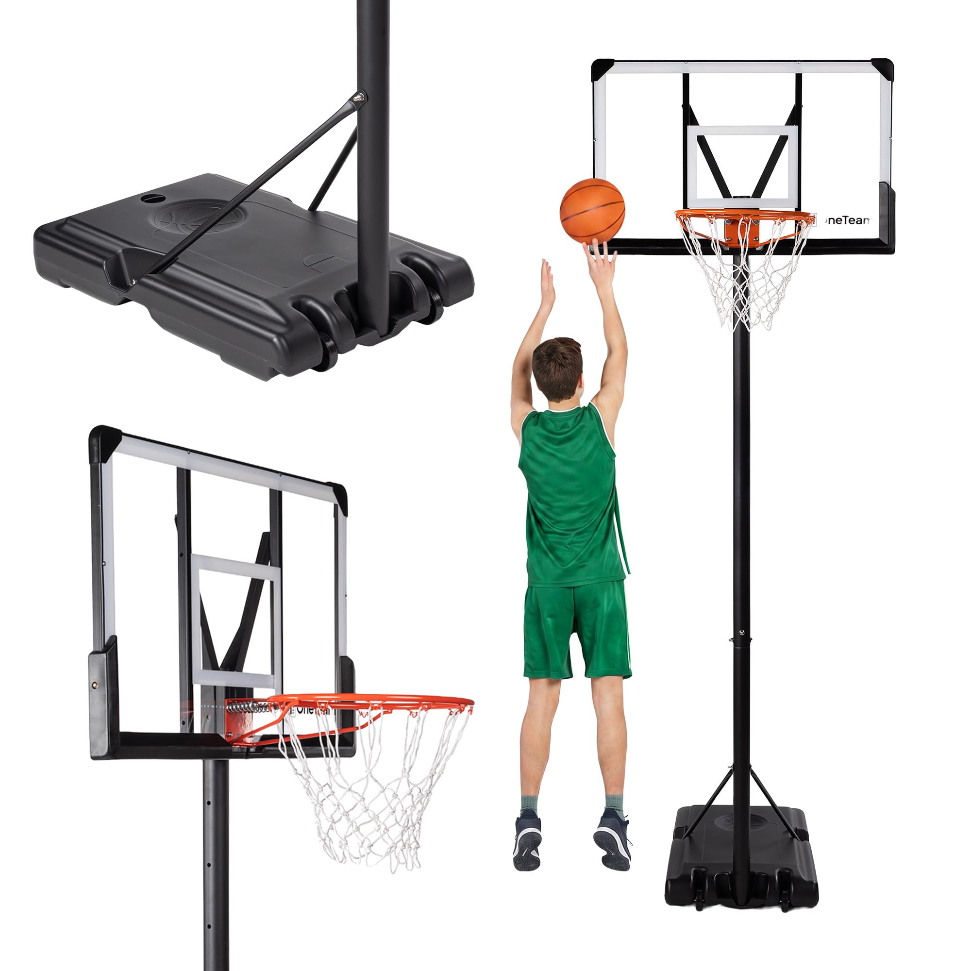 OneTeam Basketball BH04 Schwarzer Basketball Verstellbar Freistehend mit Transportrollen Haltbares PC Material Stabiler Sockel mit 140 L Fassungsvermögen mit Brett und Gitter