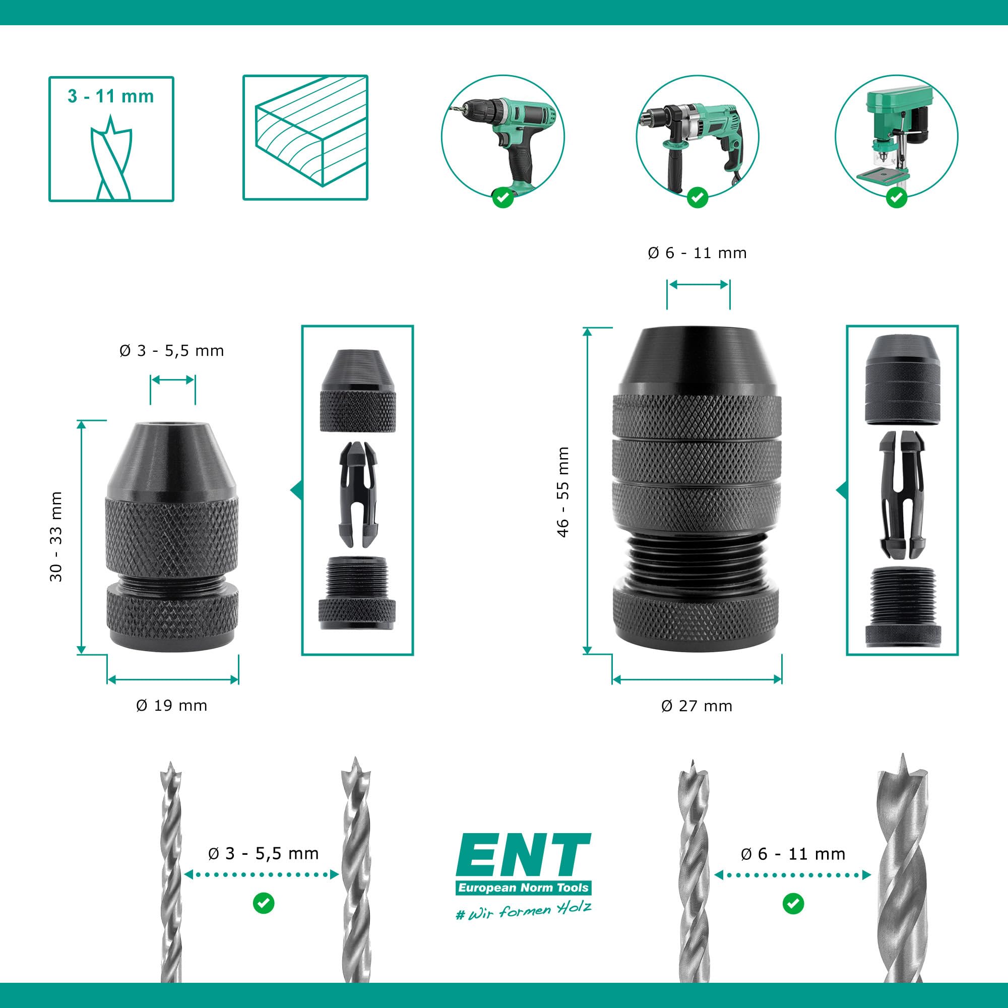ENT 26512 Set di arresto di profondità, Ø variabile 3-11 mm, arresto di foratura in alluminio per punte da legno e punte elicoidali da legno
