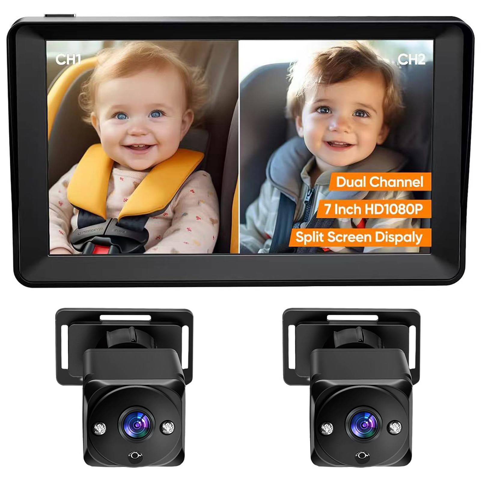 Caméra de Voiture pour bébé, Moniteur de siège arrière Double Canal 7 Pouces 1080P avec Vision Nocturne IR 8 lumières LED pour siège arrière