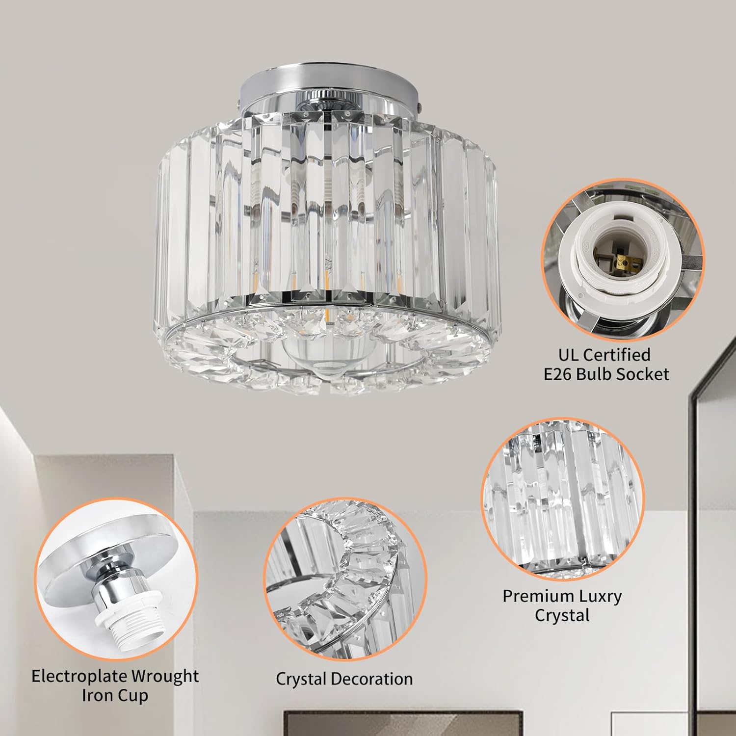 Crystal Ceiling Light, Chrome Ceiling Lamp, Semi Flush Mount Ceiling Light, Small Hallway Lamp, Entryway Crystal Chandelier for Dining Room,Bedroom,Kitchen