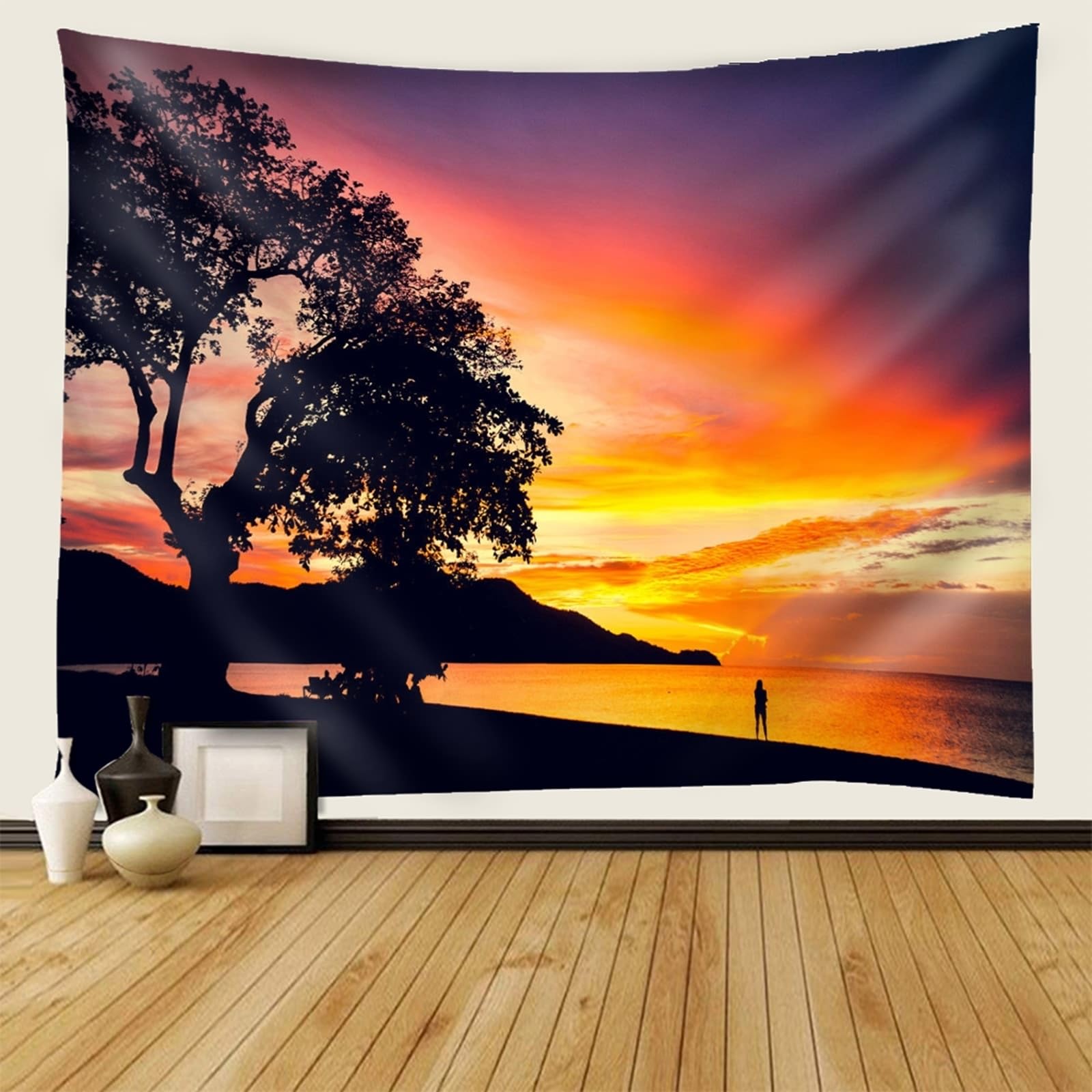 Skcess Tapiz de poliéster de 240 x 220 cm, tapiz, para colgar en la pared, color beige y gris