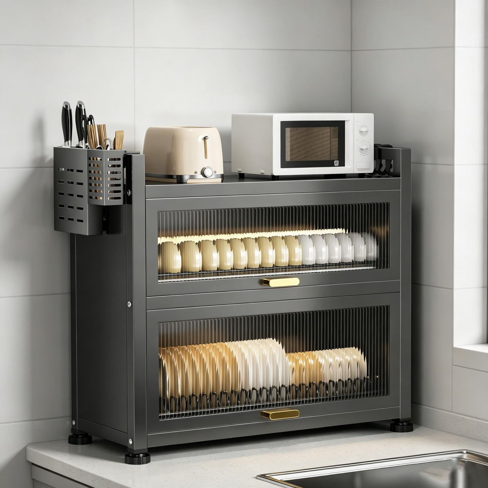 Estante de almacenamiento de cocina de 2 niveles con estante ajustable, organizador multifuncional para platos, vasos, cuencos y cubiertos, diseño abatible que ahorra espacio