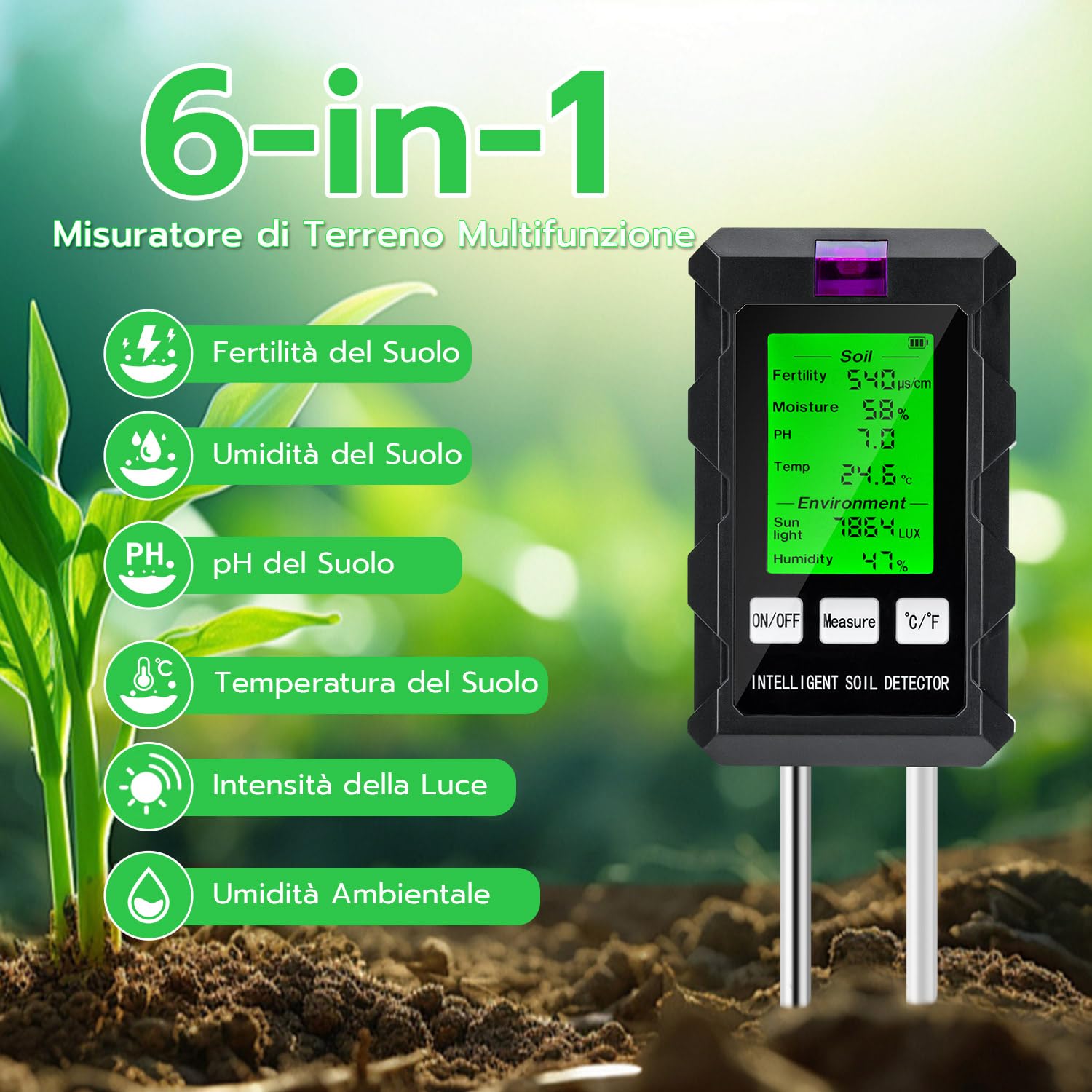 Wigearss 6 in 1 Misuratore PH Terreno, Misuratore umidità Terreno, Misuratore di Termometro Terreno, Misuratore Fertilità Terreno, Misuratore Luce Solare e Misuratore di umidità Ambientale per Piante - 2