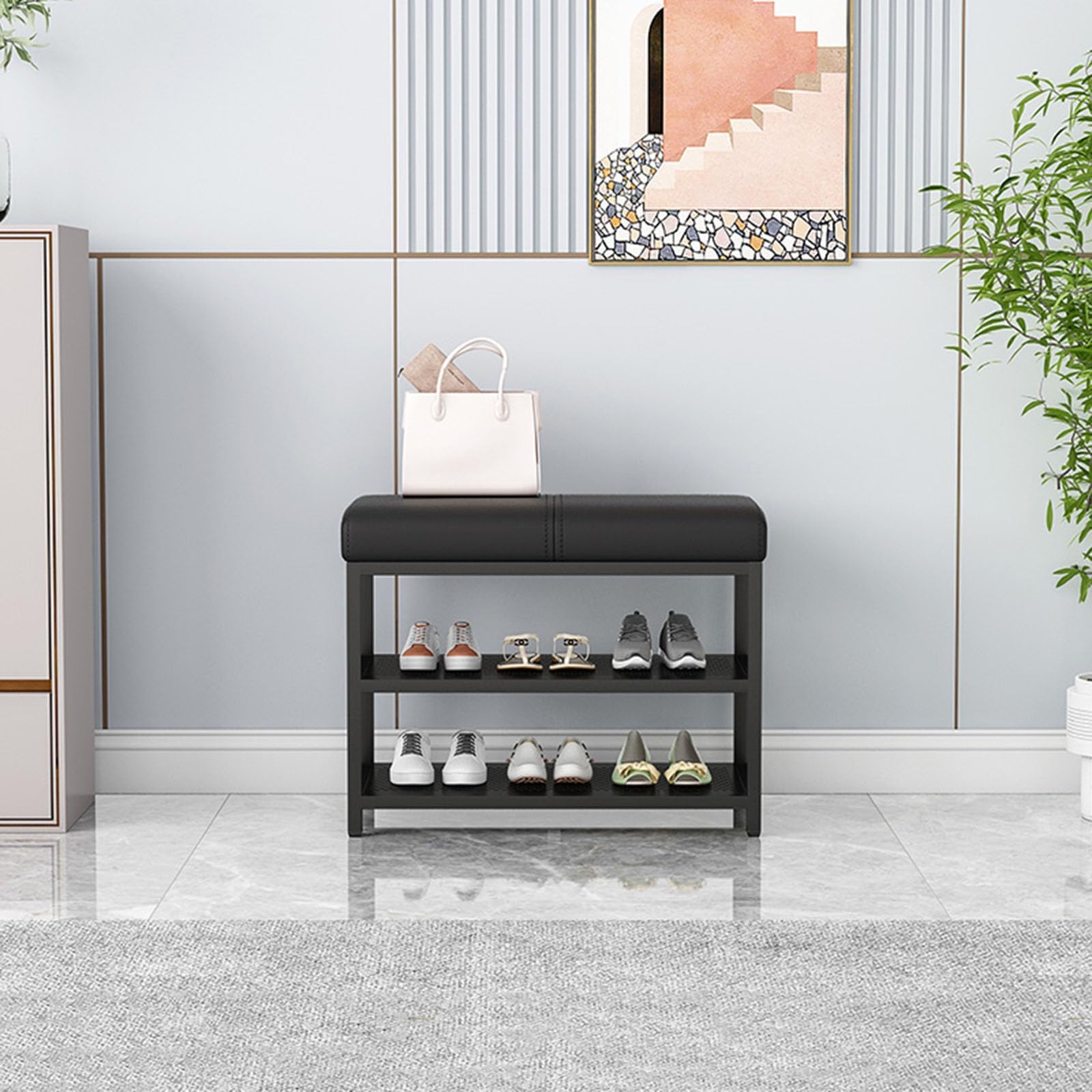 Banc porte-chaussures en cuir PU premium et métal noir élégant