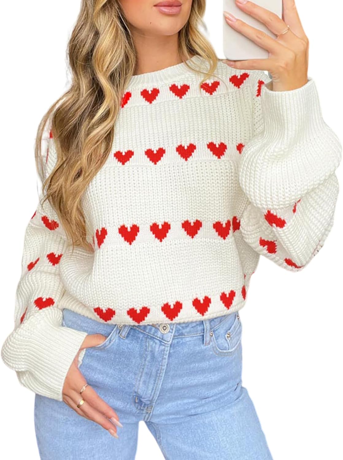 Yimoon Valentine Heart Sweater for Women Cute Long Sleeve Crewneck Chunky Knitted Pullover Sweaters
