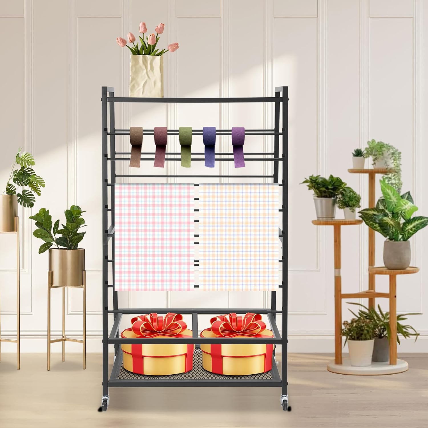 Ribbon Display Organizer with Wheels, 16 Tier Double-Sided Ribbon Storage Holder with Wheel, Easy Assembly Flower Wrapping Paper Storage Stand for Boutique, Craft Room