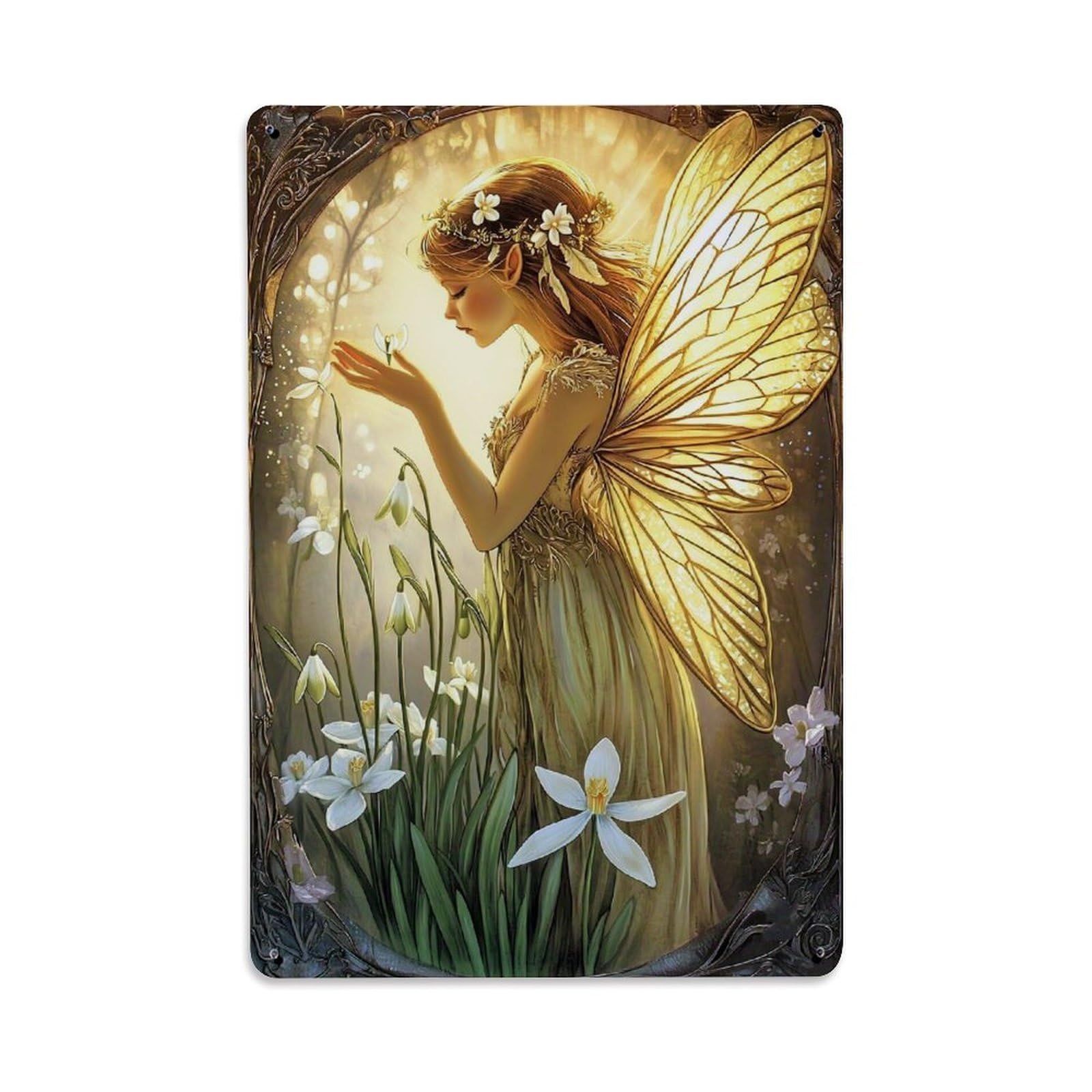 Jdfenggu Vintage Fairy With Golden Wings And Flowers Retro Metal Tin Sign, Decor Art Poster For Bar, Home, Man Cave, Kitchen, Laundry Room Gift 8X12inch