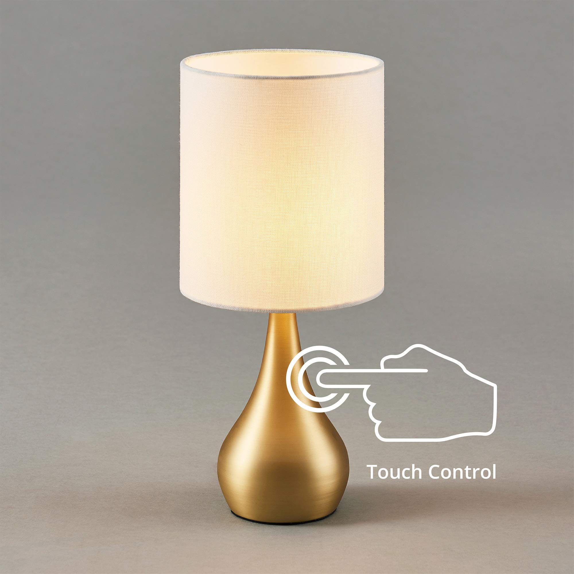 Versanora Sarah Modern Side Reading Table Lamp Tap Touch Control Sensor Small Standing Light with Drum Shade Polished Brass Finish for Living Room Reading Bedroom Office, 15 Inch Height, White