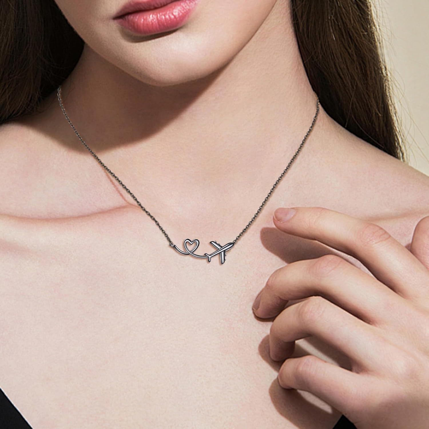 URONE Airplane Necklace 925 Sterling Silver Heart Airplane Pendant Aircraft Jewelry Gifts for Women Men - Image 2