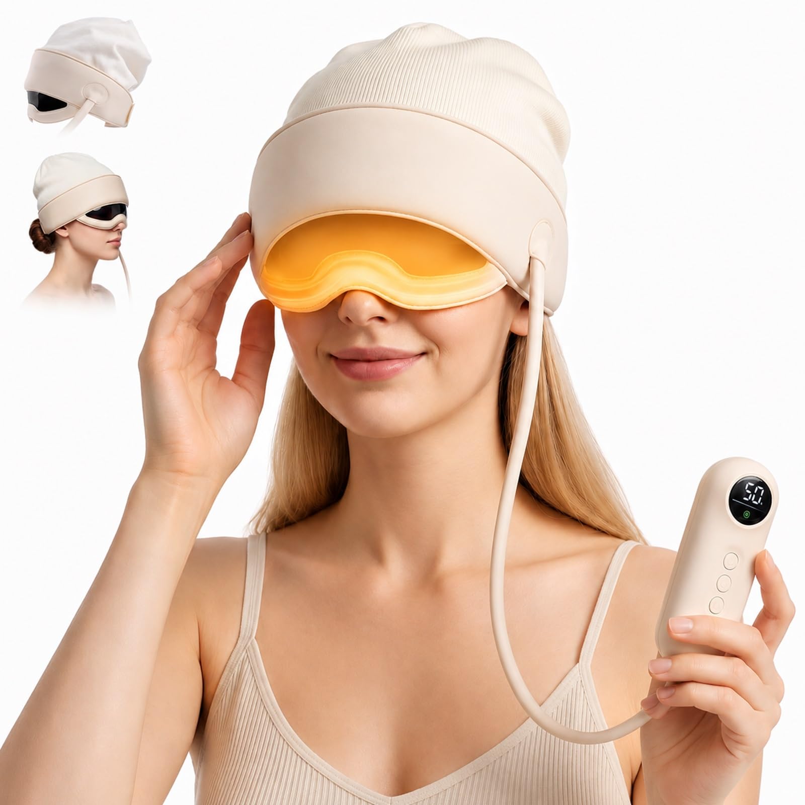 Massaggiatore Elettrico Per Testa E Occhi, Casco Massaggiante 2 In 1 Ricaricabile Con Massaggio A Pressione (Kneading) A 6 Zone, Calore Regolabile Su 6 Livelli, Visiera E Telecomando