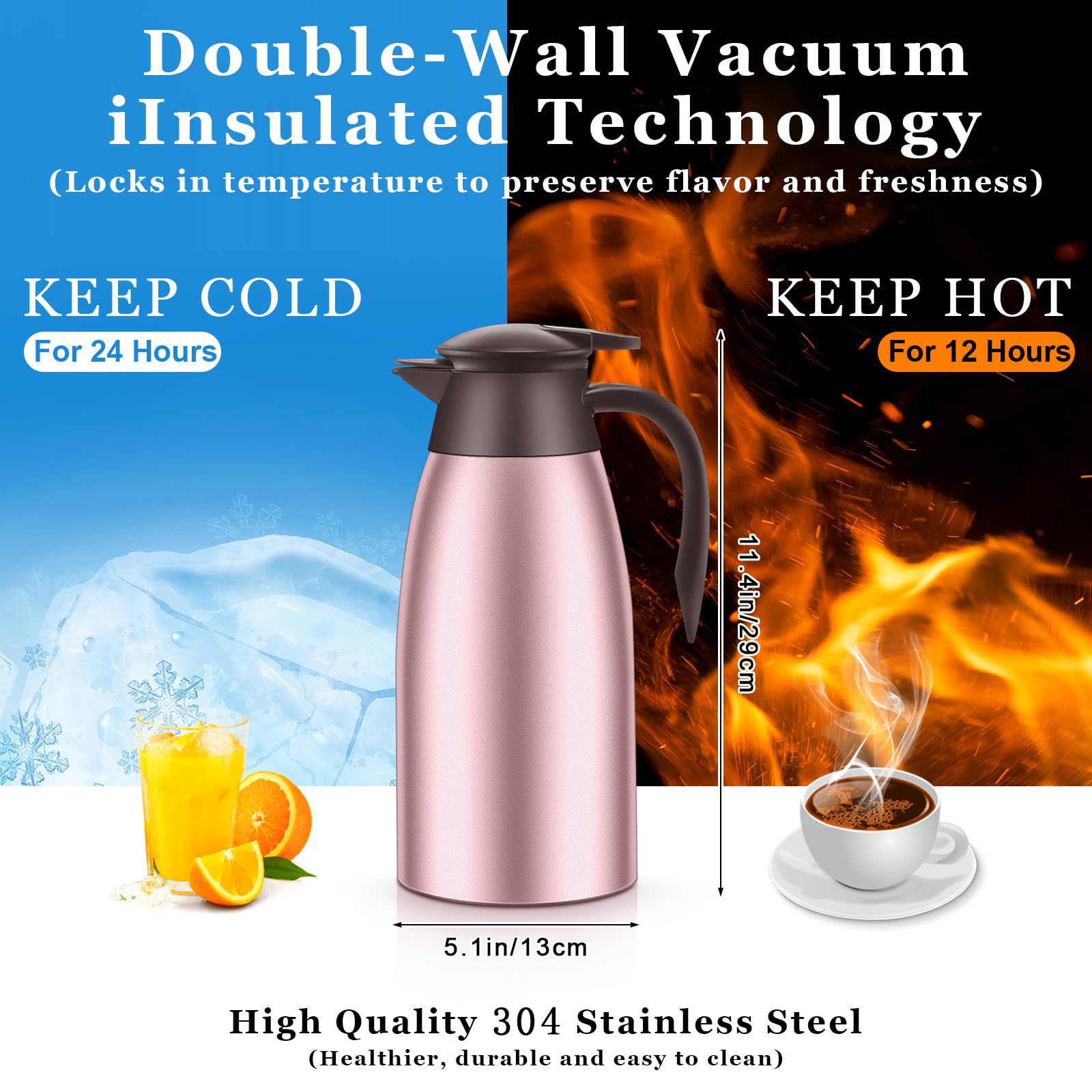 Norme 2 jarras térmicas de 68 onzas de acero inoxidable aisladas al vacío para café con cepillos, termo para café, agua caliente, té, bebidas calientes, mantiene 12 horas caliente (rojo rosa)
