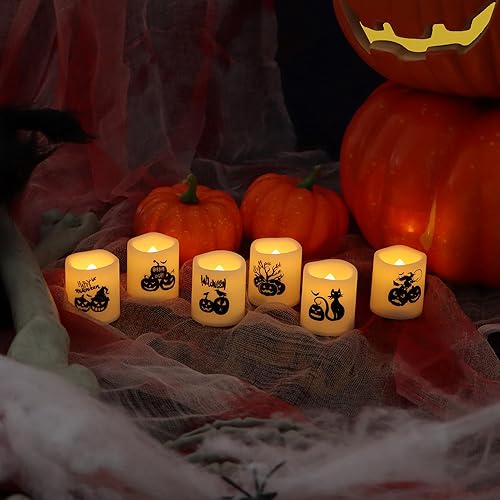 Miniatura 2 de YINCHI Velas votivas sin llama con temporizador, luces LED con temporizador automático de ciclo diario integrado, calcomanías de calabaza