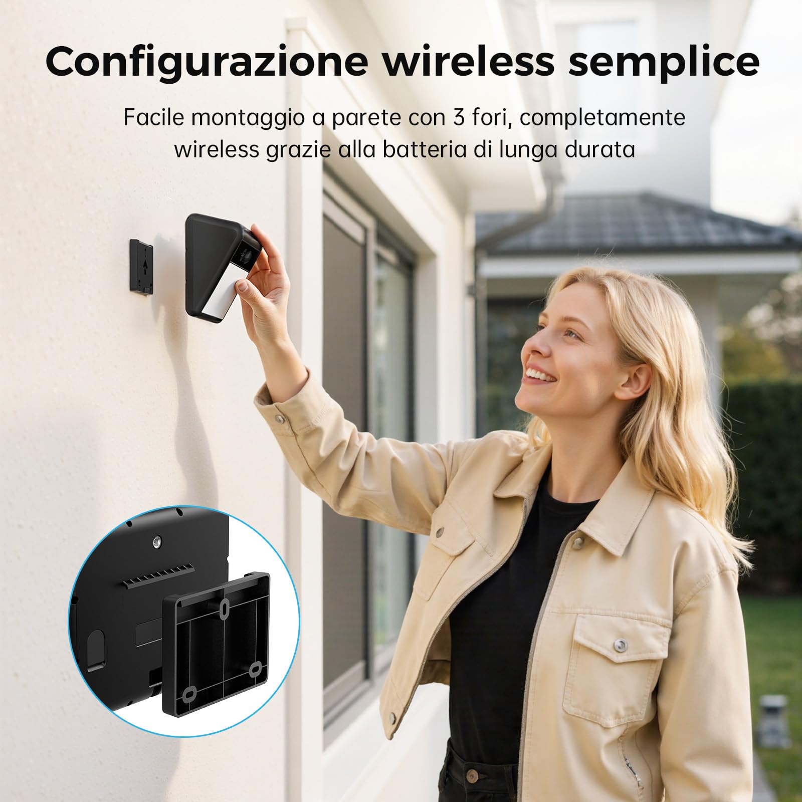 Woox Telecamera da Esterno Solare con Lampada a Parete, 2K Telecamera WiFi Esterno Senza Fili con Batteria, Rilevamento IA persone/animali/veicoli, Visione Notturna a Colori, IP65, Wi-Fi 2,4 GHz