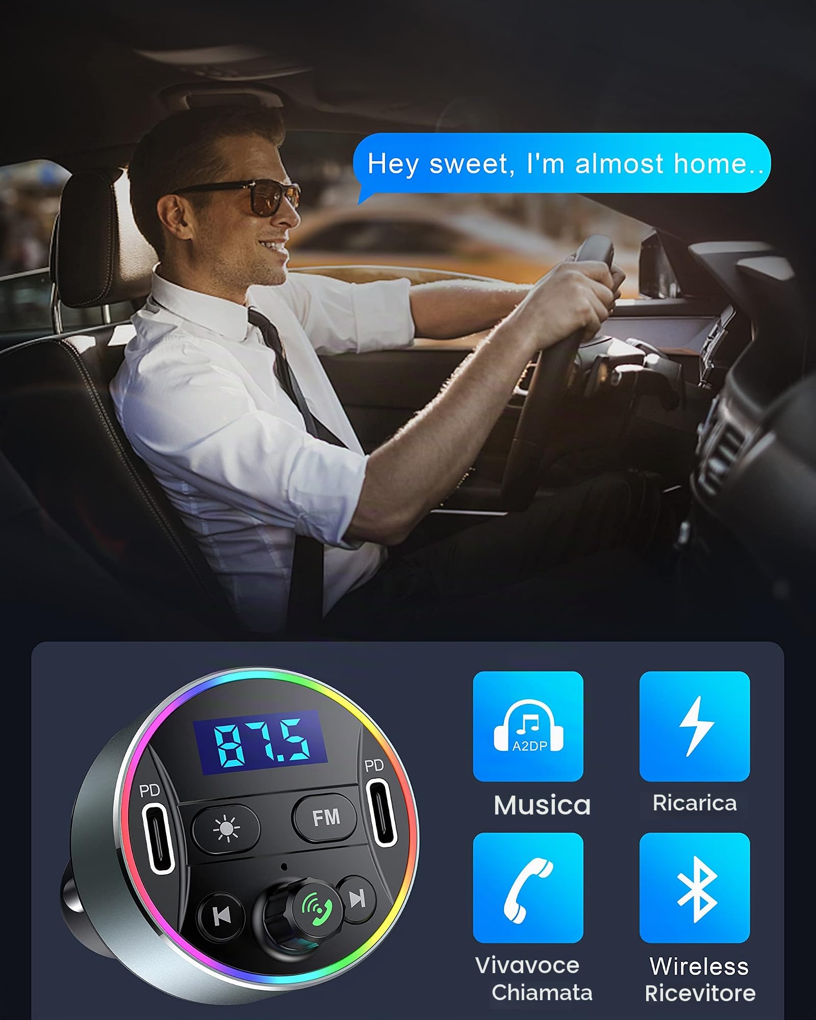 Trasmettitore Bluetooth per Auto con PD 20W Caricatore per Accendisigari e Adattatore Trasmettitore FM Bluetooth Auto Vivavoce