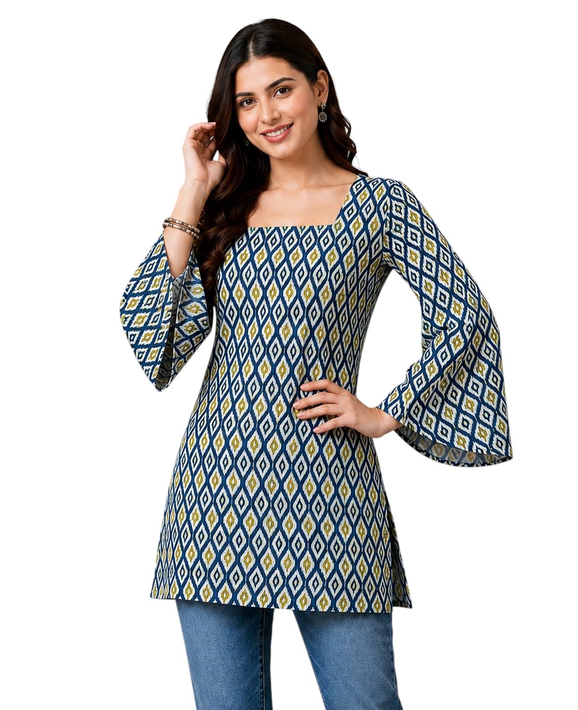 SONISHA Women's Rayon Floral Print Short Kurti for Women Elegance Square Neck, Long Sleeves with Style Criss Cross Back Kurti, Top for Office Wear, Casual, Outdoor